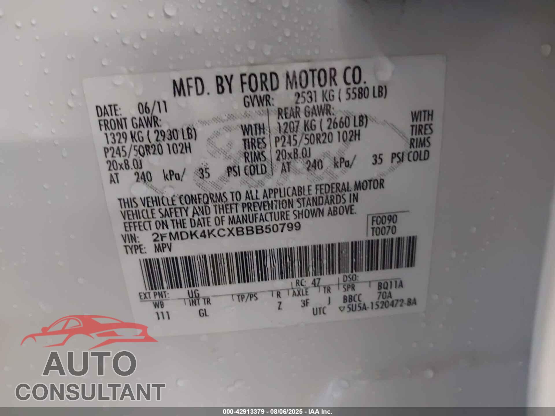 FORD EDGE 2011 - 2FMDK4KCXBBB50799