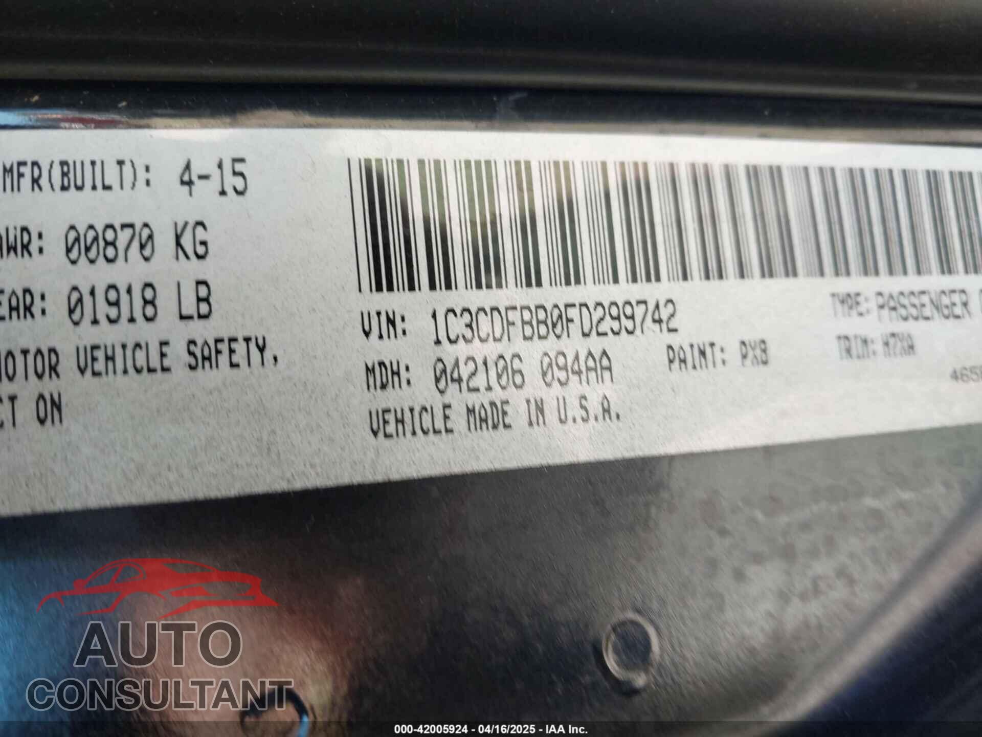 DODGE DART 2015 - 1C3CDFBB0FD299742