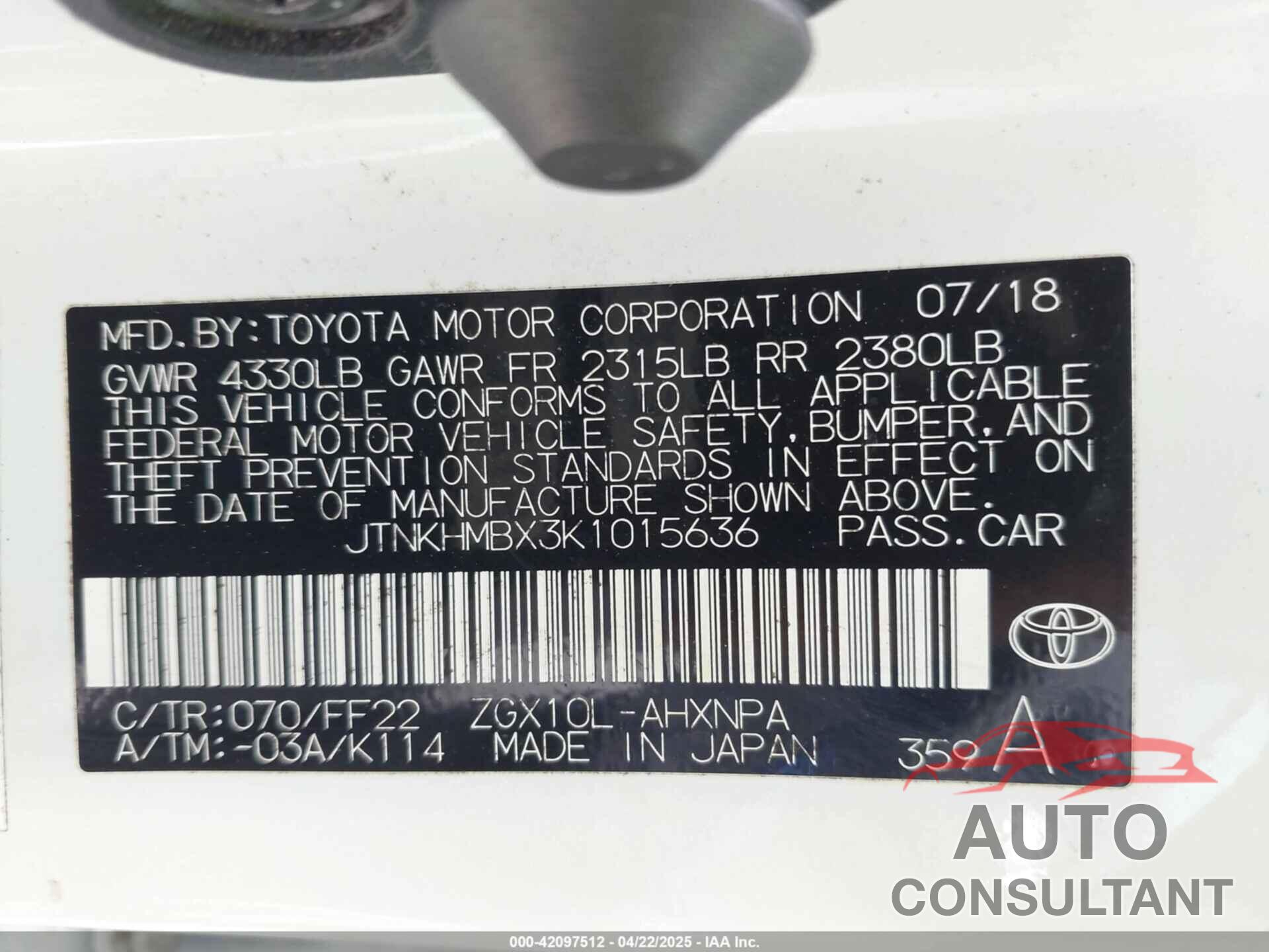 TOYOTA C-HR 2019 - JTNKHMBX3K1015636