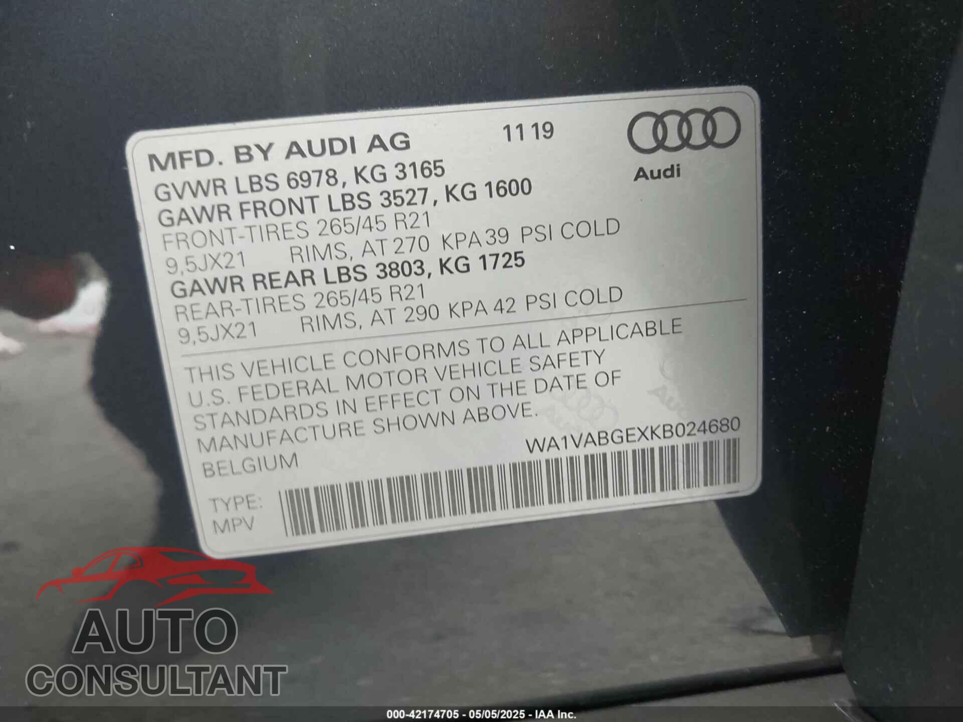 AUDI E-TRON 2019 - WA1VABGEXKB024680