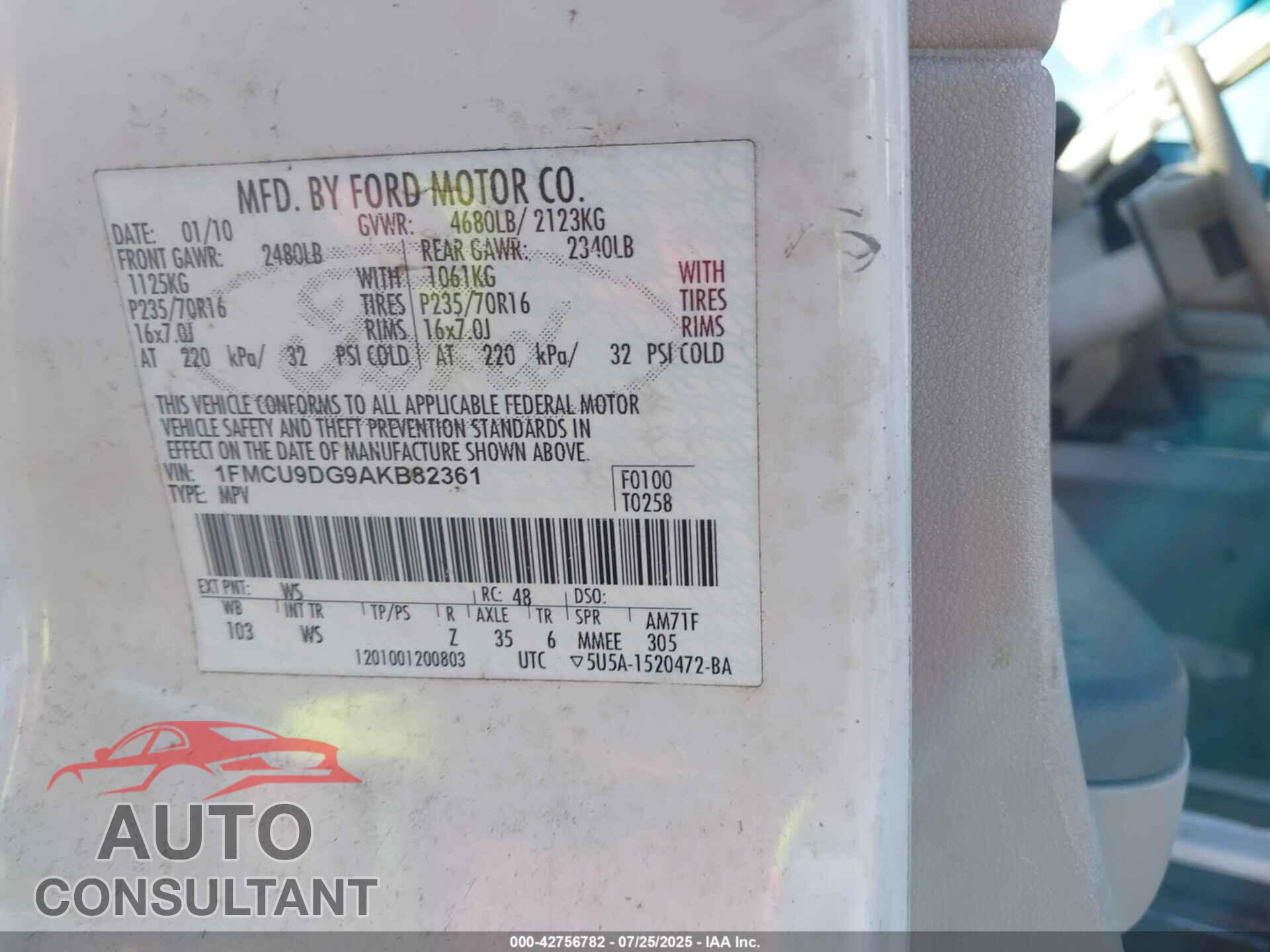 FORD ESCAPE 2010 - 1FMCU9DG9AKB82361