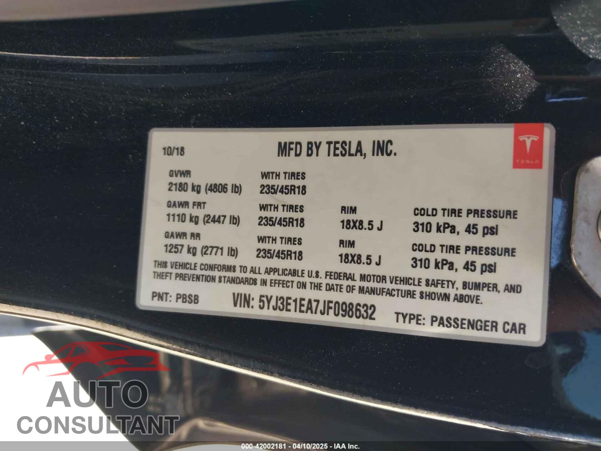 TESLA MODEL 3 2018 - 5YJ3E1EA7JF098632