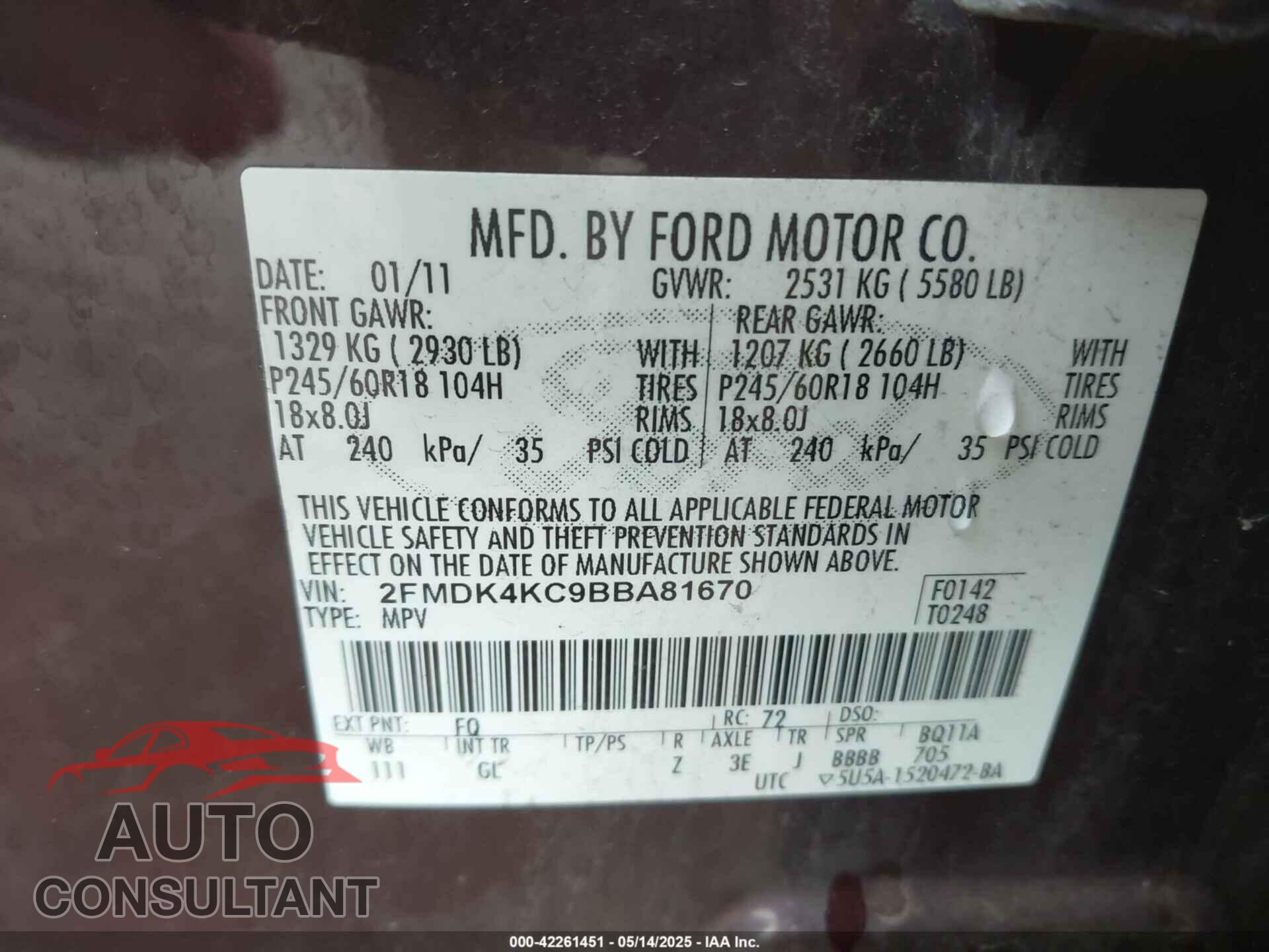 FORD EDGE 2011 - 2FMDK4KC9BBA81670