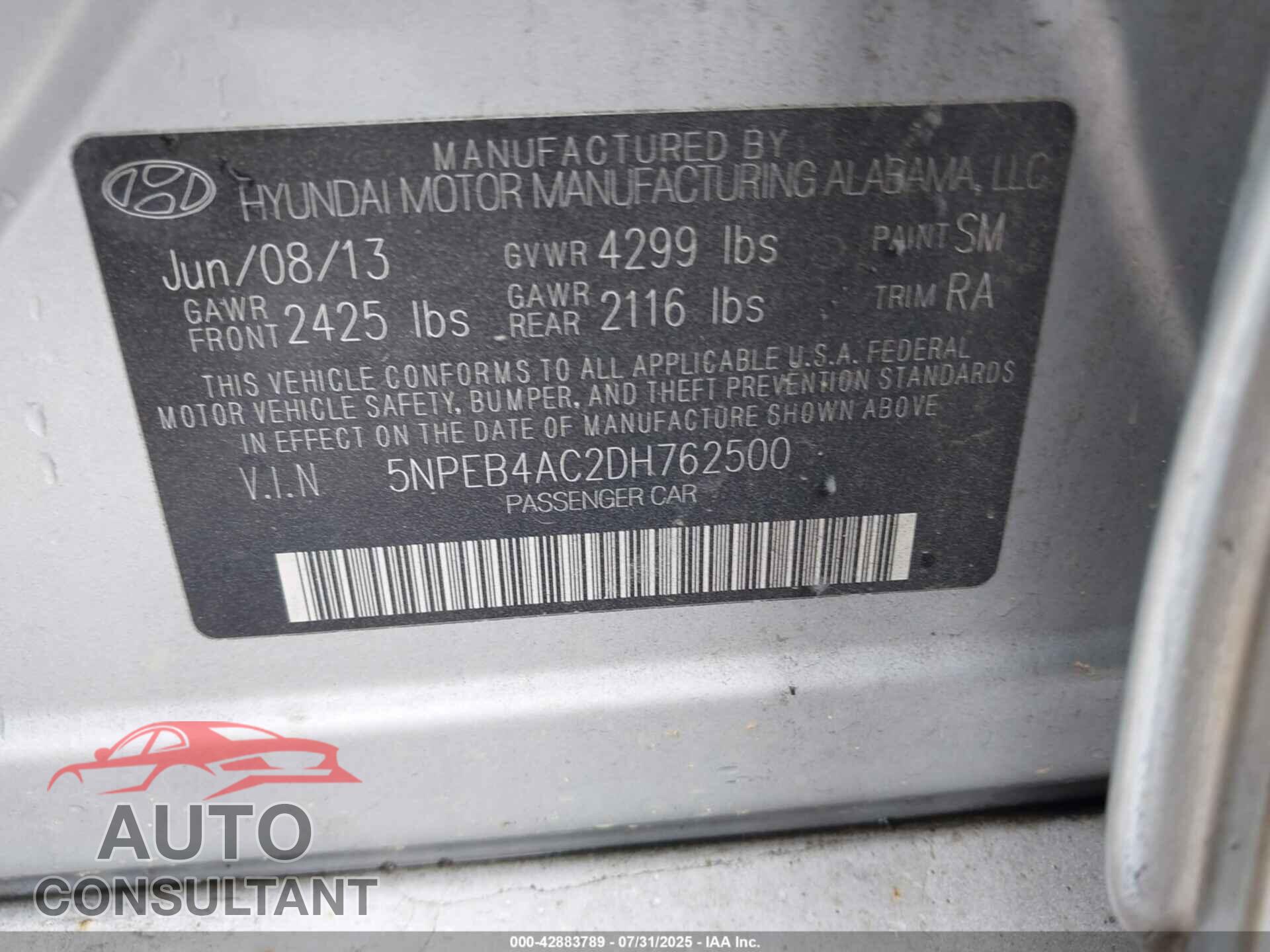 HYUNDAI SONATA 2013 - 5NPEB4AC2DH762500
