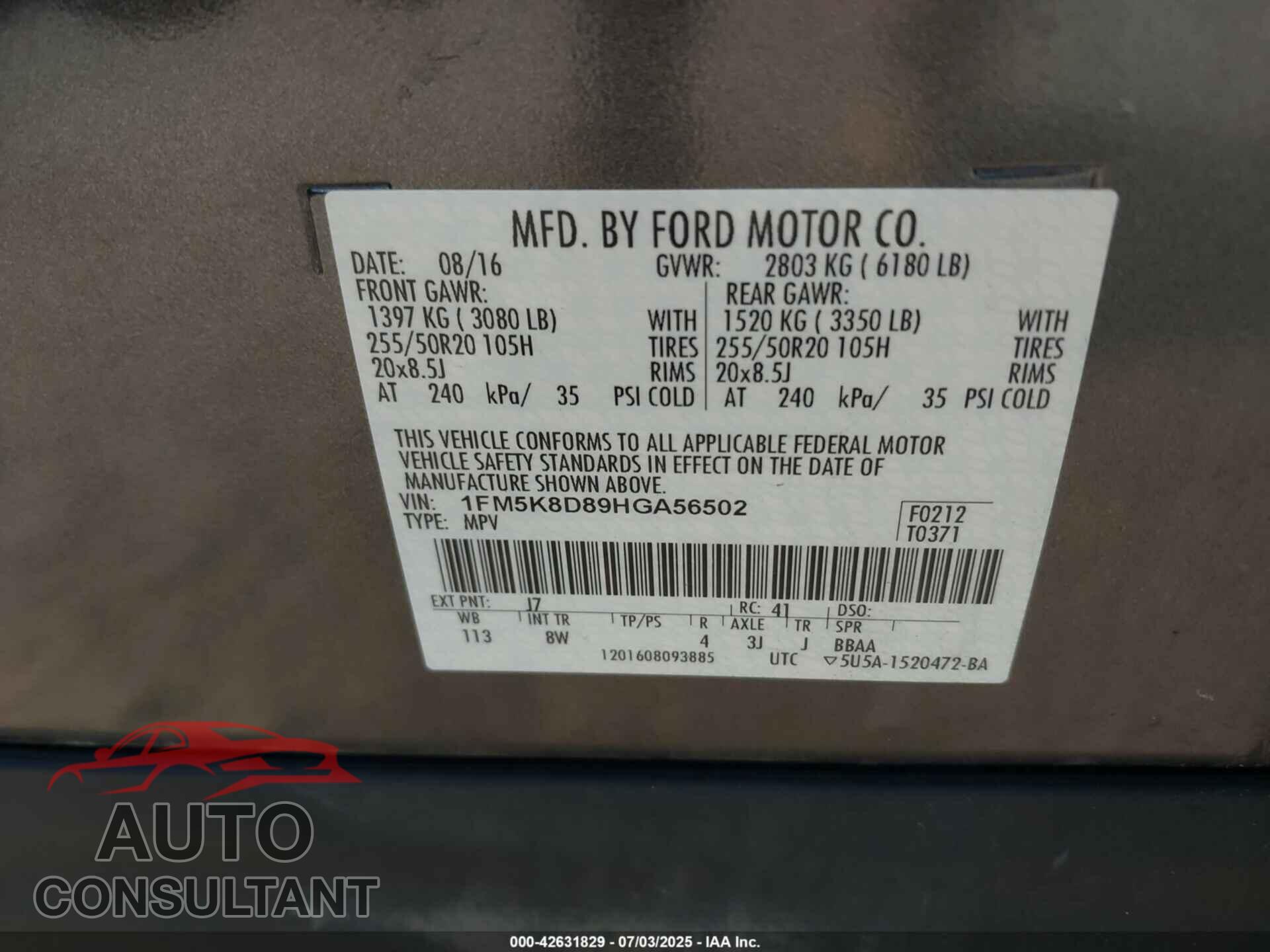 FORD EXPLORER 2017 - 1FM5K8D89HGA56502