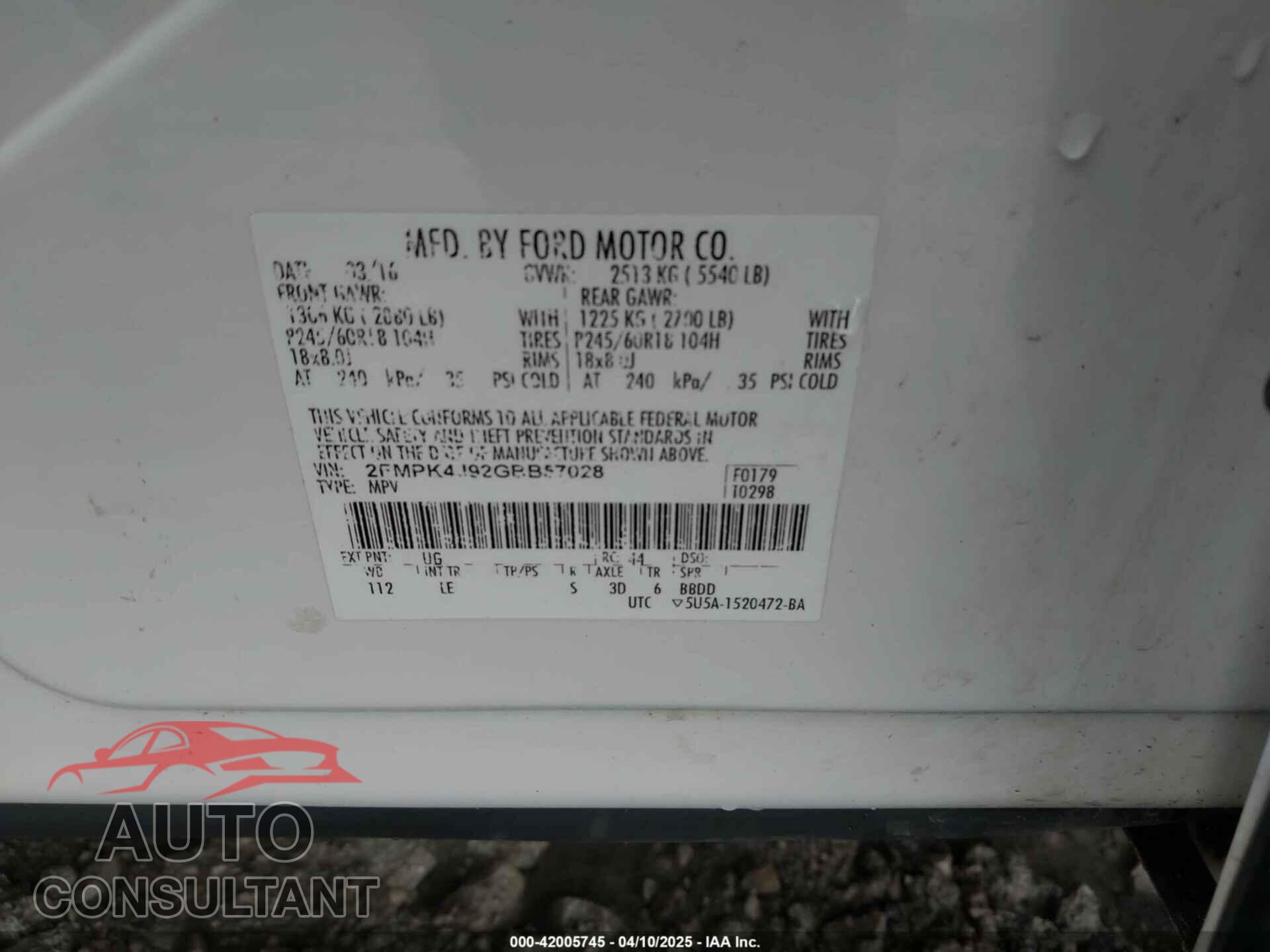 FORD EDGE 2016 - 2FMPK4J92GBB57028