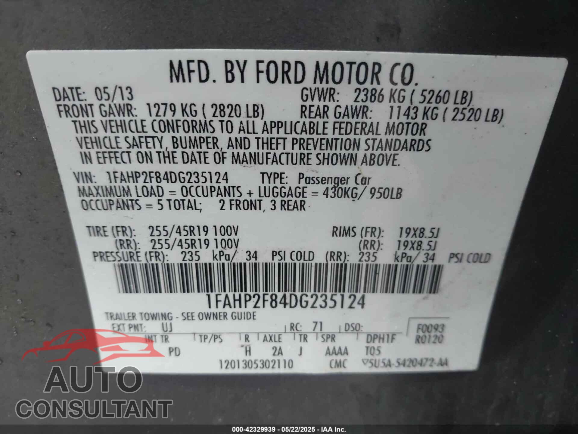 FORD TAURUS 2013 - 1FAHP2F84DG235124