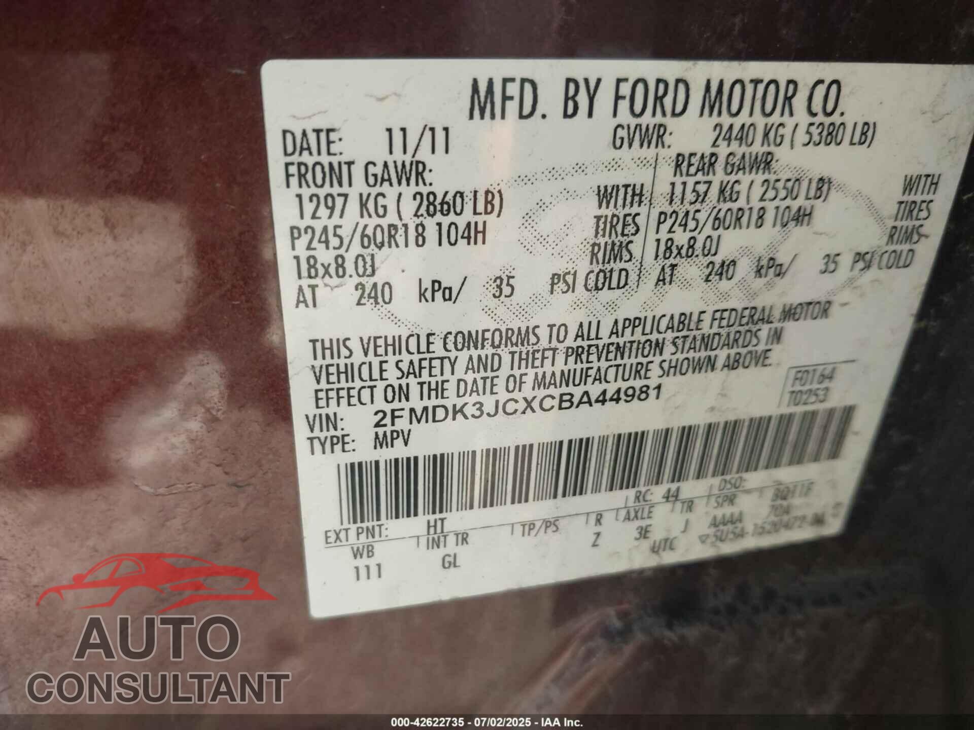 FORD EDGE 2012 - 2FMDK3JCXCBA44981