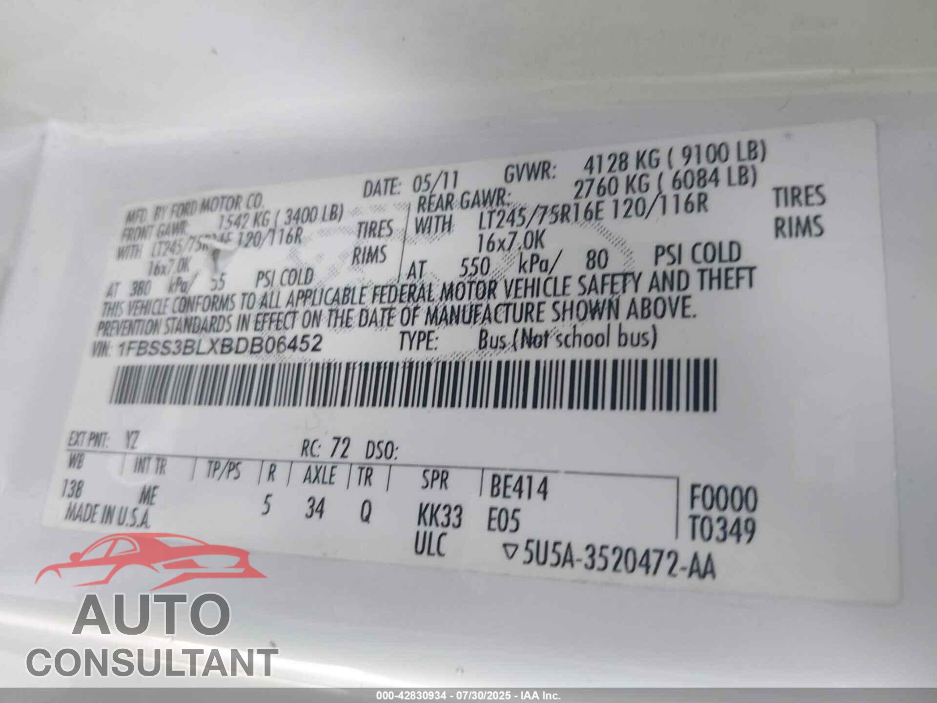 FORD E-350 SUPER DUTY 2011 - 1FBSS3BLXBDB06452