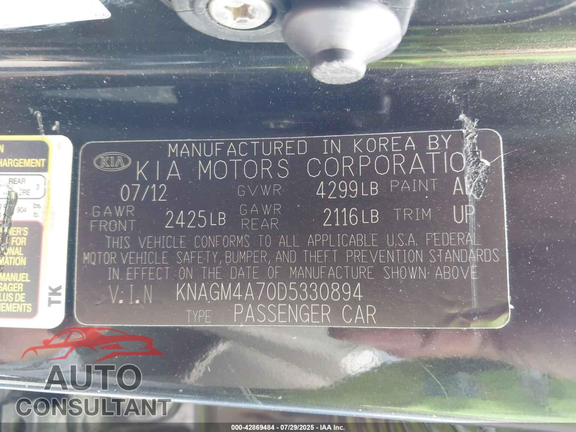 KIA OPTIMA 2013 - KNAGM4A70D5330894