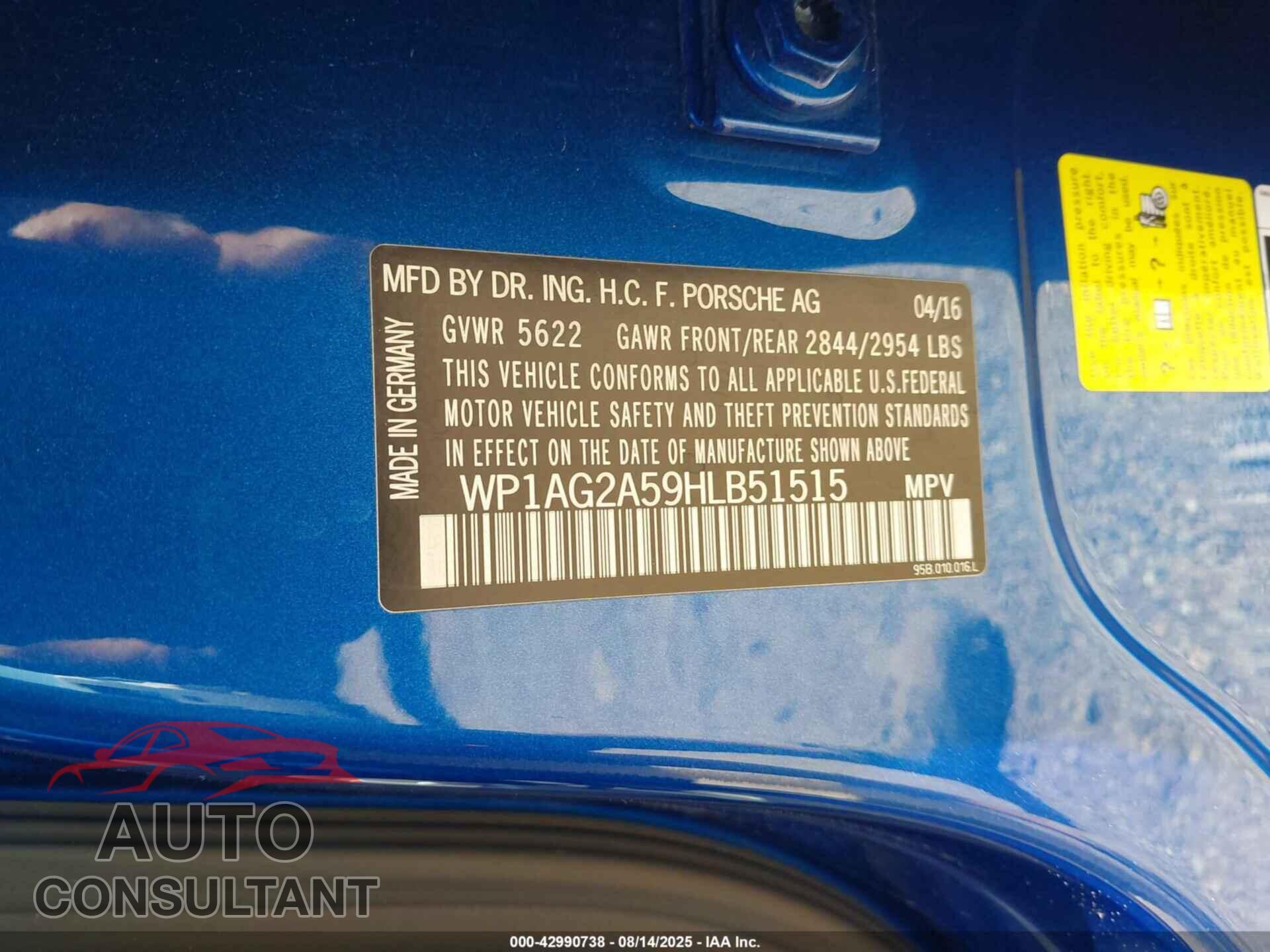 PORSCHE MACAN 2017 - WP1AG2A59HLB51515