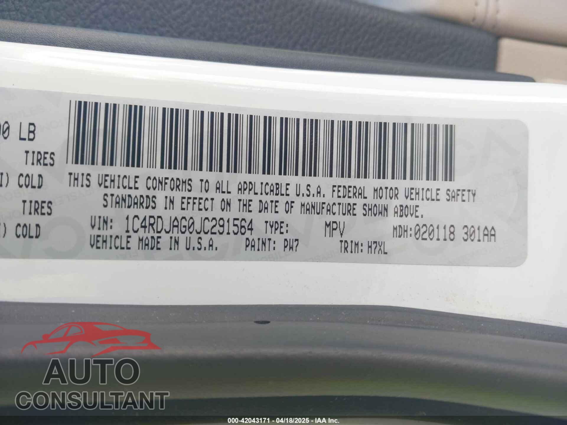 DODGE DURANGO 2018 - 1C4RDJAG0JC291564