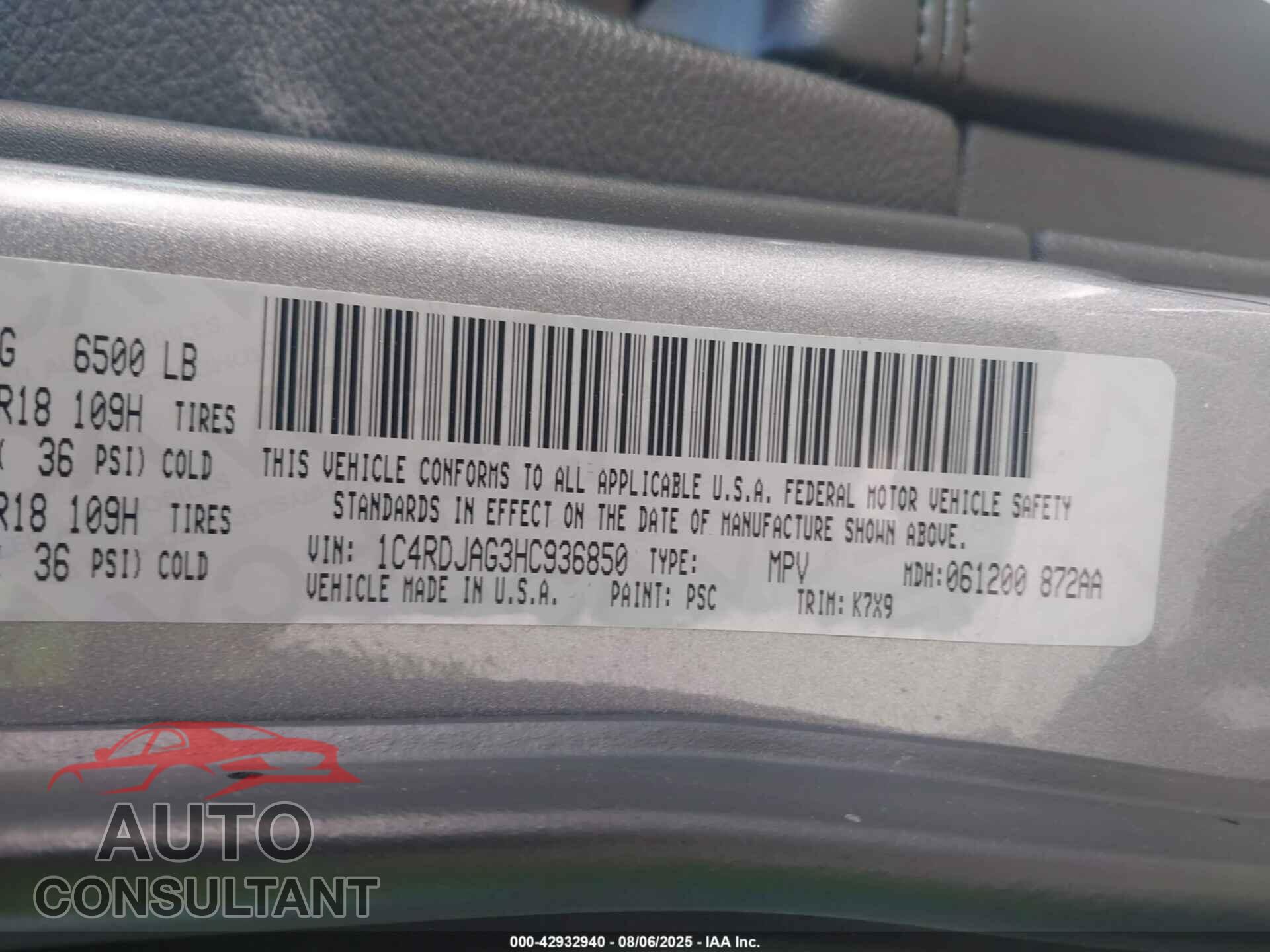 DODGE DURANGO 2017 - 1C4RDJAG3HC936850