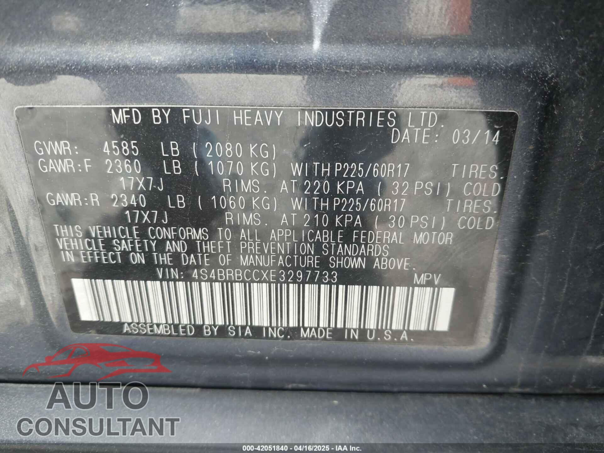 SUBARU OUTBACK 2014 - 4S4BRBCCXE3297733