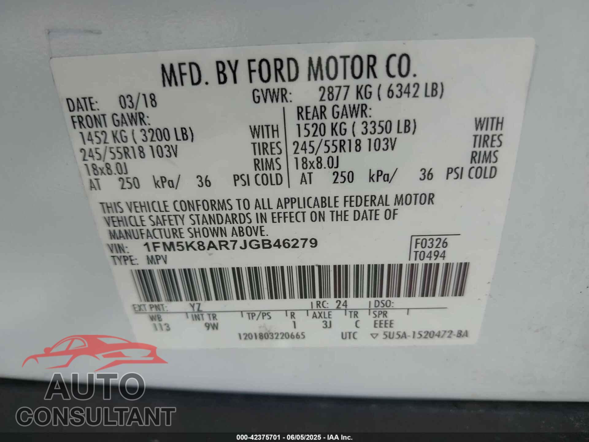 FORD POLICE INTERCEPTOR 2018 - 1FM5K8AR7JGB46279