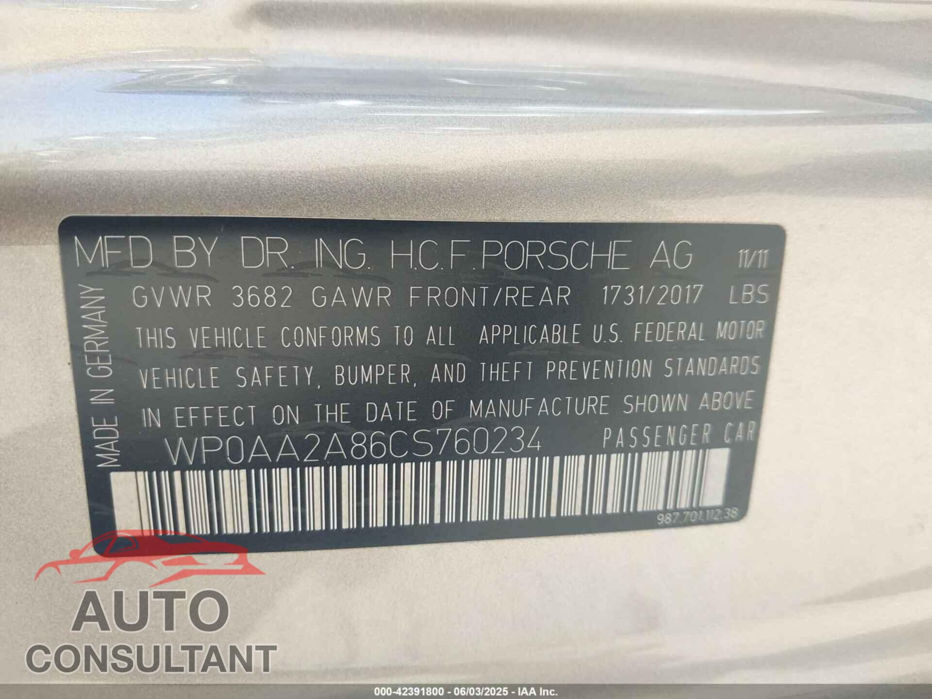 PORSCHE CAYMAN 2012 - WP0AA2A86CS760234