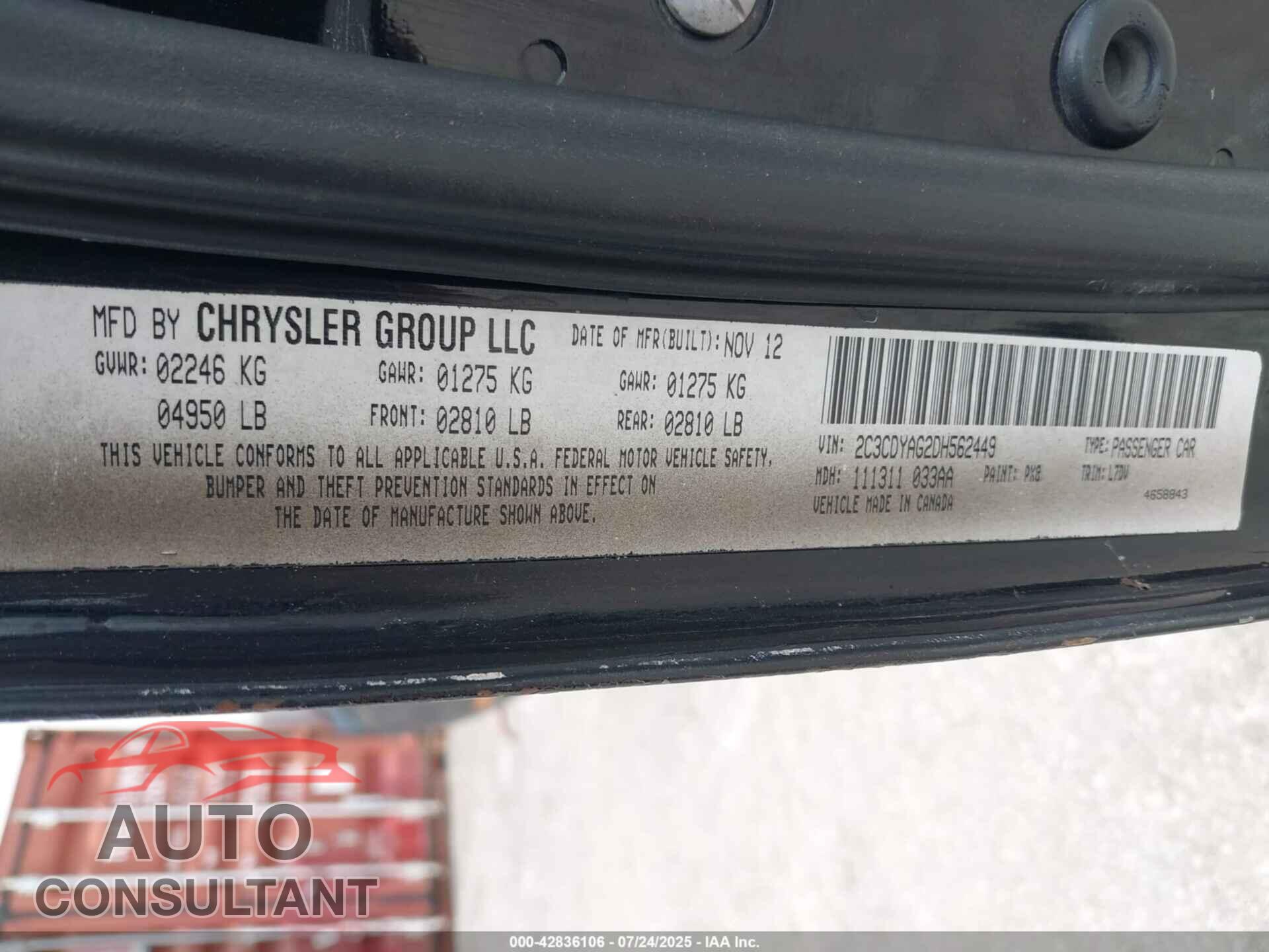 DODGE CHALLENGER 2013 - 2C3CDYAG2DH562449