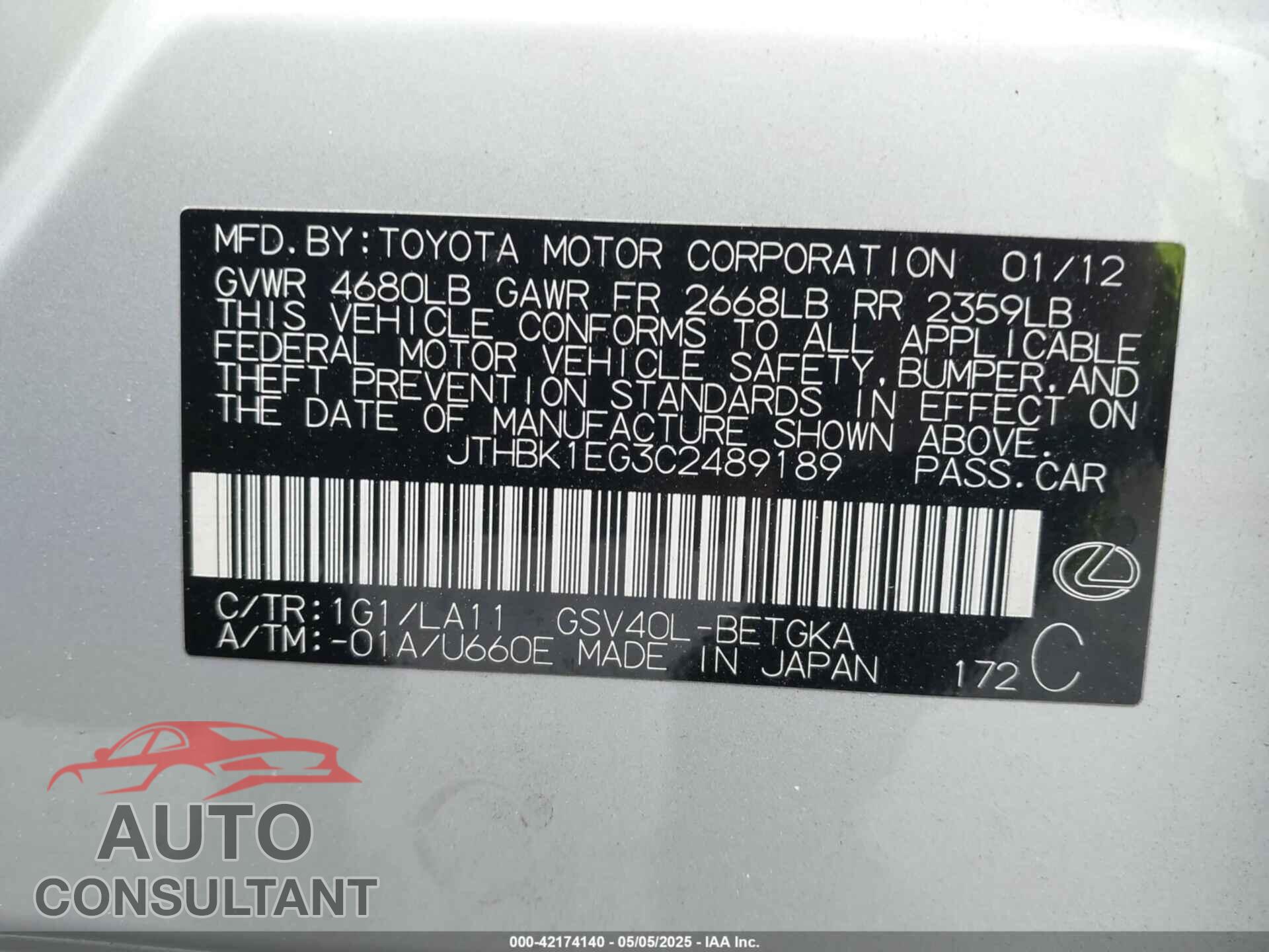 LEXUS ES 350 2012 - JTHBK1EG3C2489189