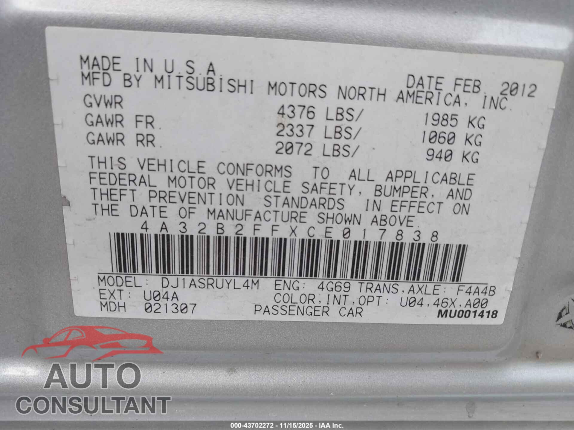 MITSUBISHI GALANT 2012 - 4A32B2FFXCE017838