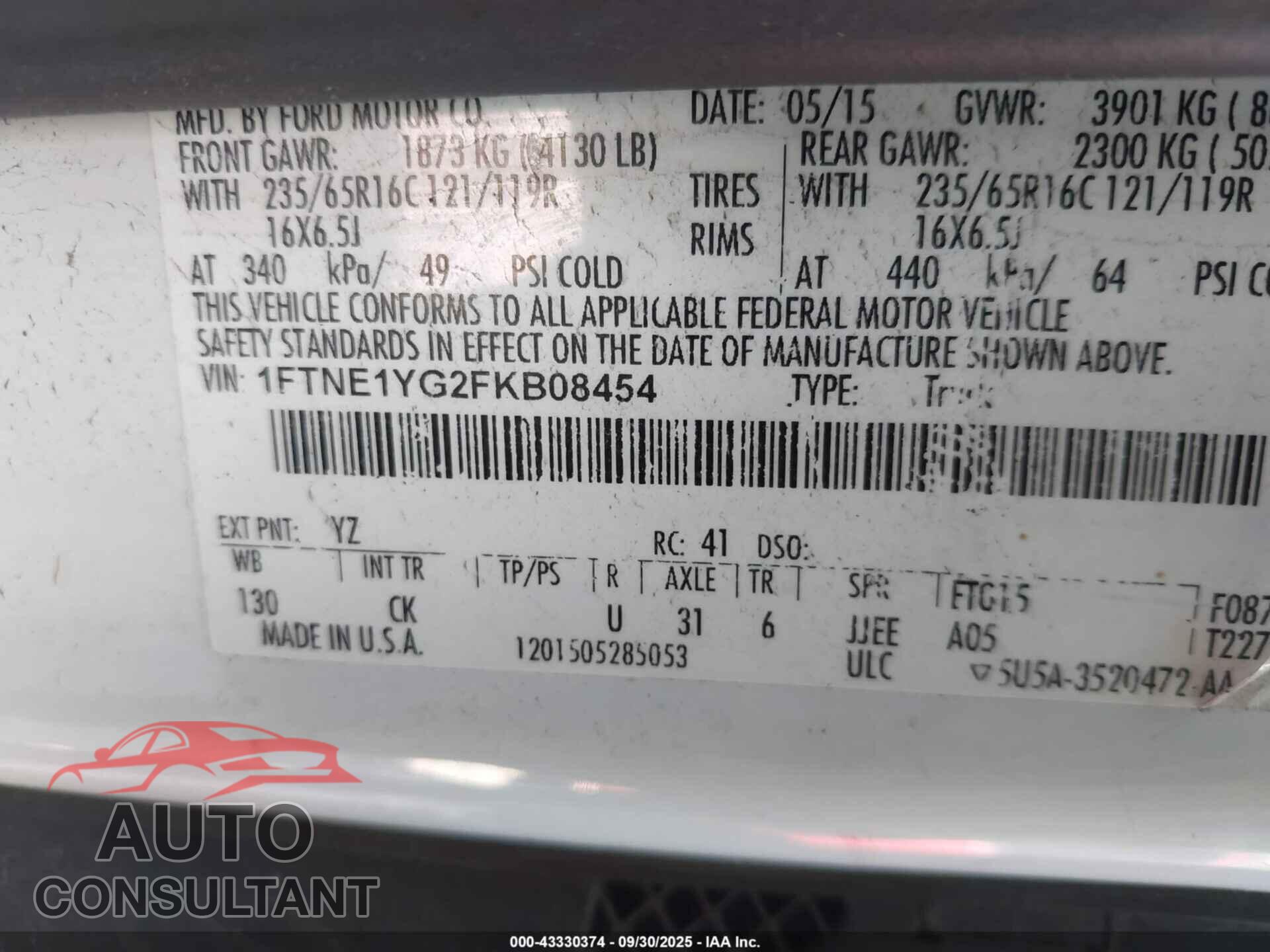 FORD TRANSIT-150 2015 - 1FTNE1YG2FKB08454