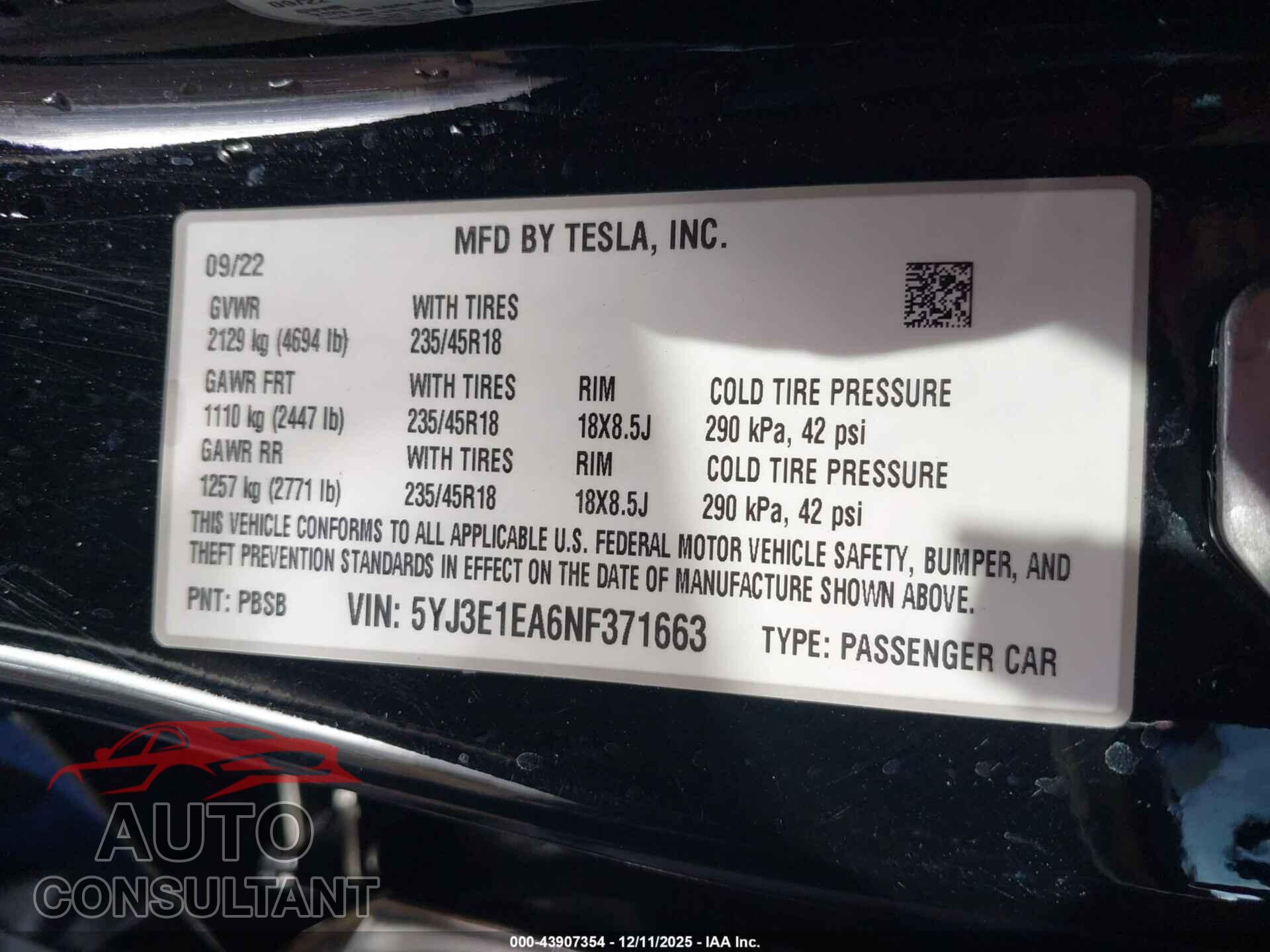 TESLA MODEL 3 2022 - 5YJ3E1EA6NF371663