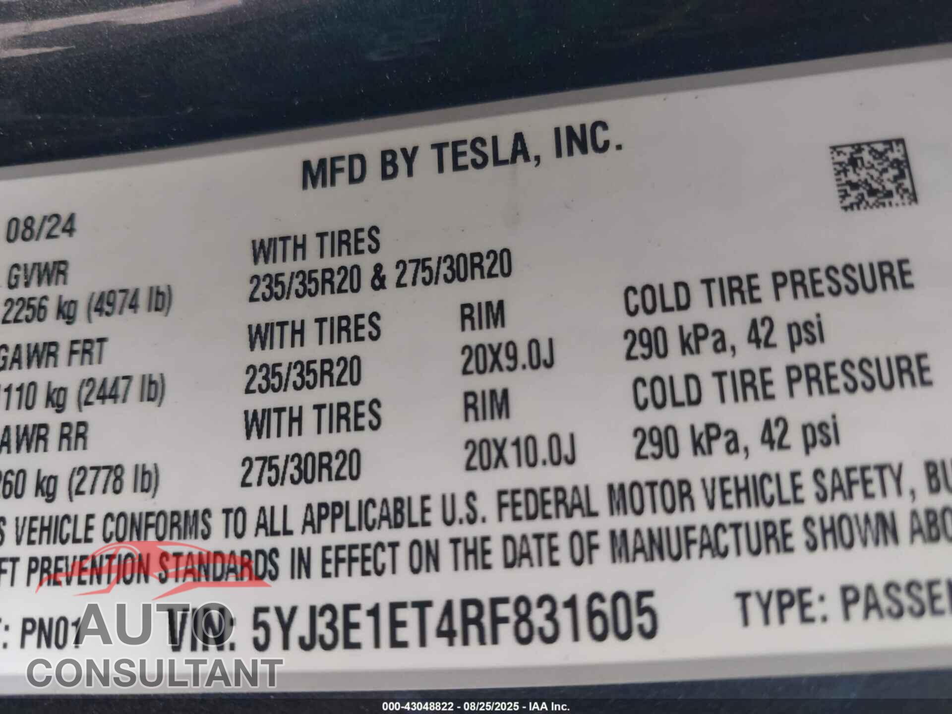 TESLA MODEL 3 2024 - 5YJ3E1ET4RF831605