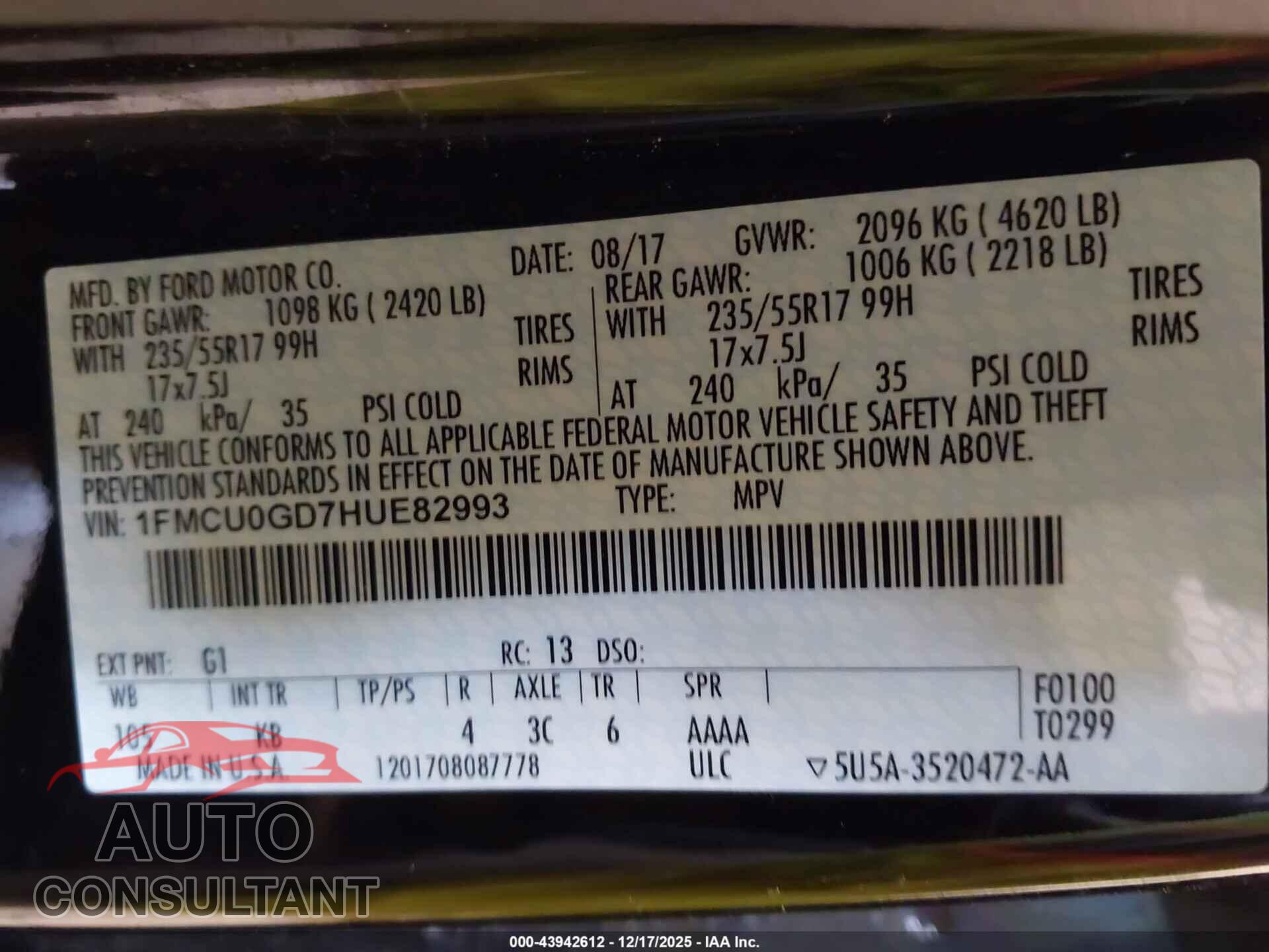 FORD ESCAPE 2017 - 1FMCU0GD7HUE82993