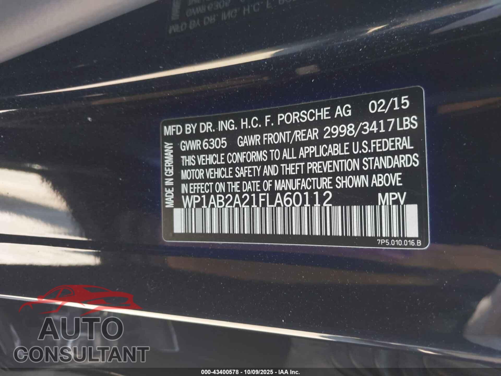 PORSCHE CAYENNE 2015 - WP1AB2A21FLA60112