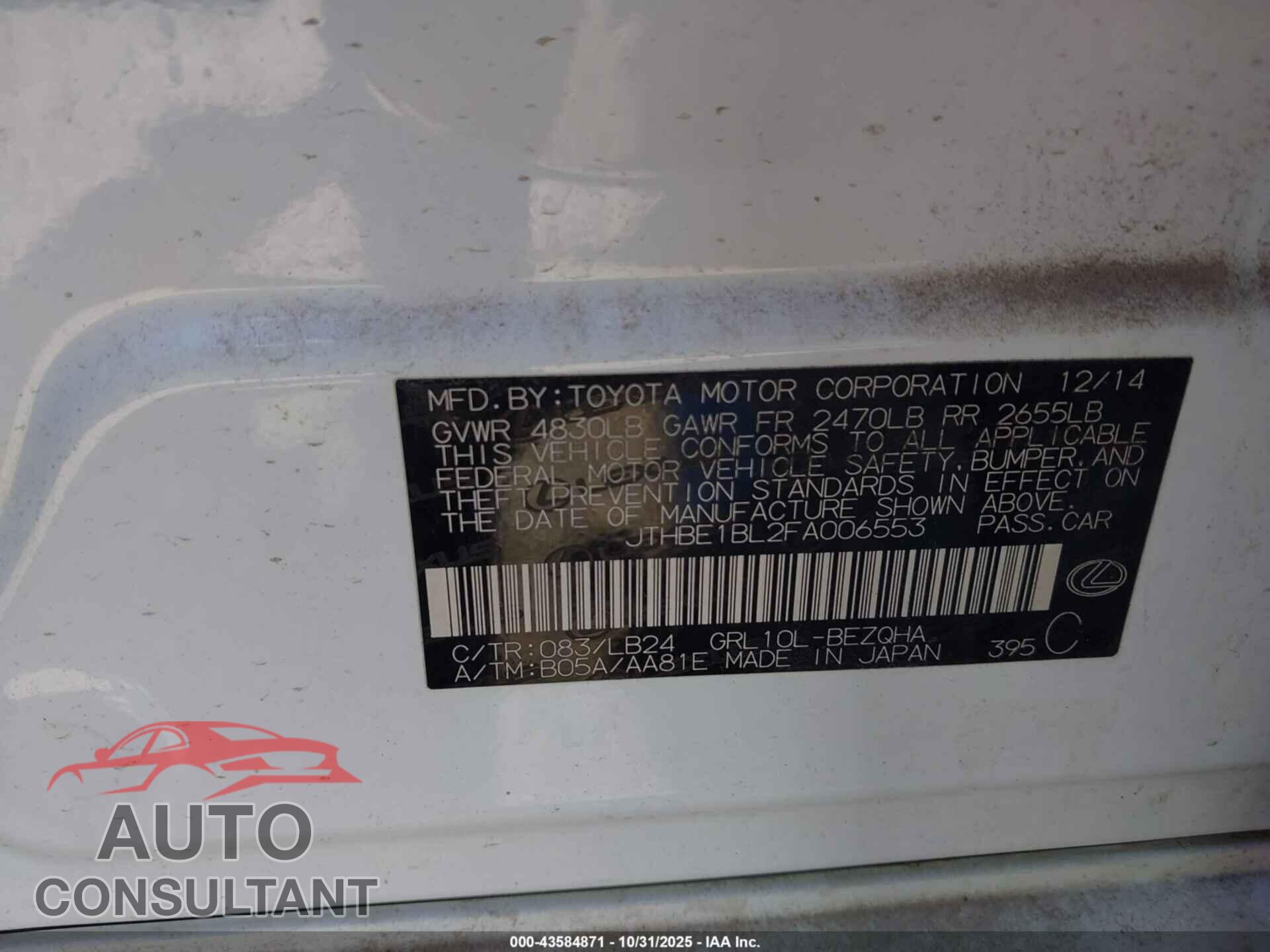 LEXUS GS 350 2015 - JTHBE1BL2FA006553