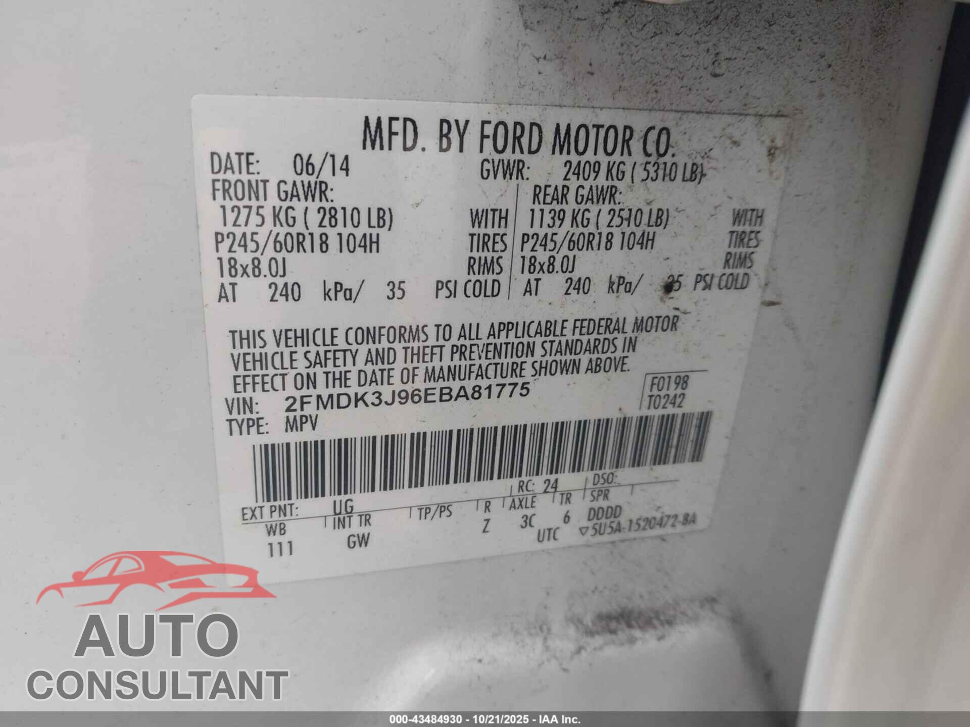 FORD EDGE 2014 - 2FMDK3J96EBA81775