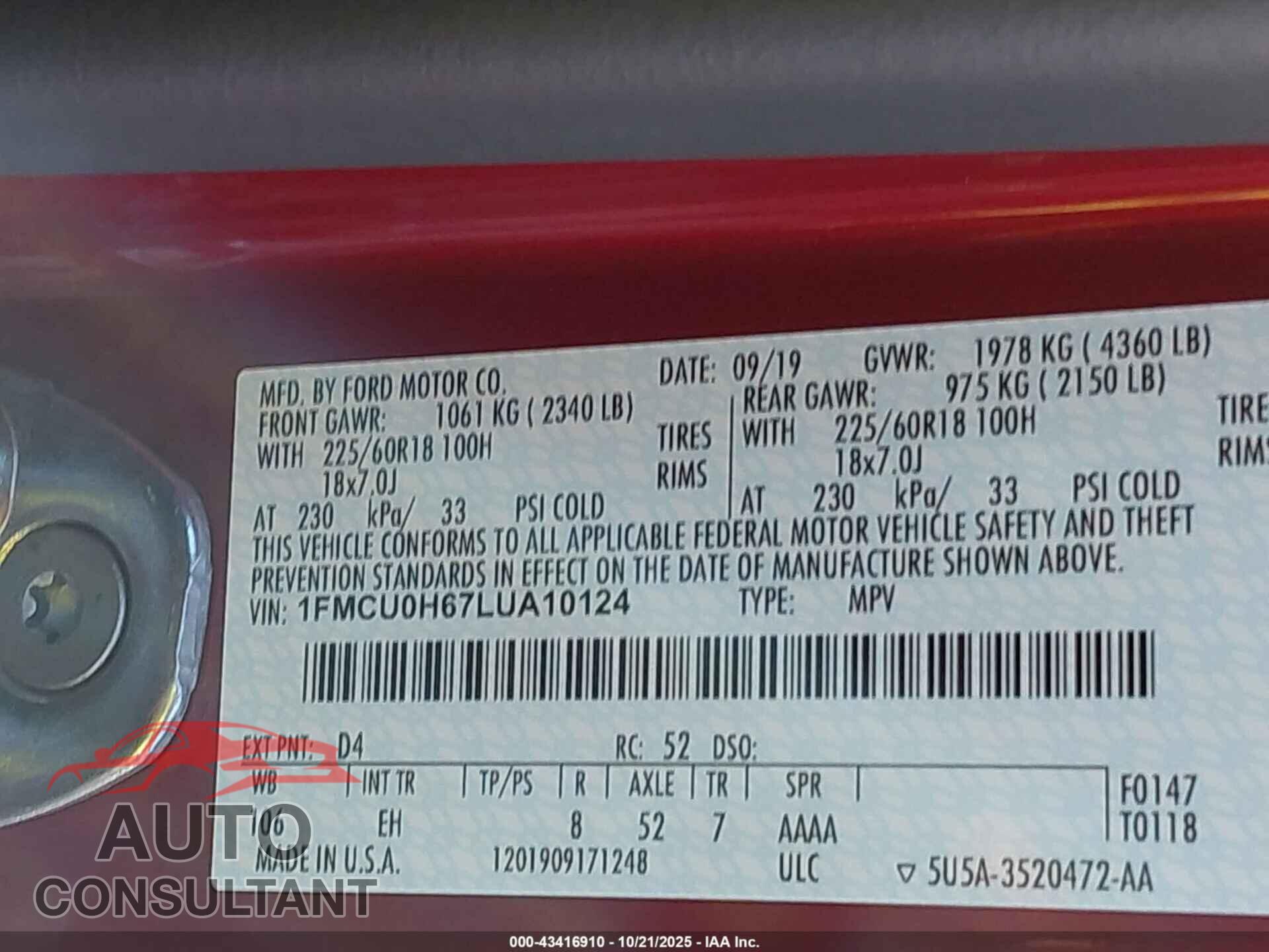 FORD ESCAPE 2020 - 1FMCU0H67LUA10124