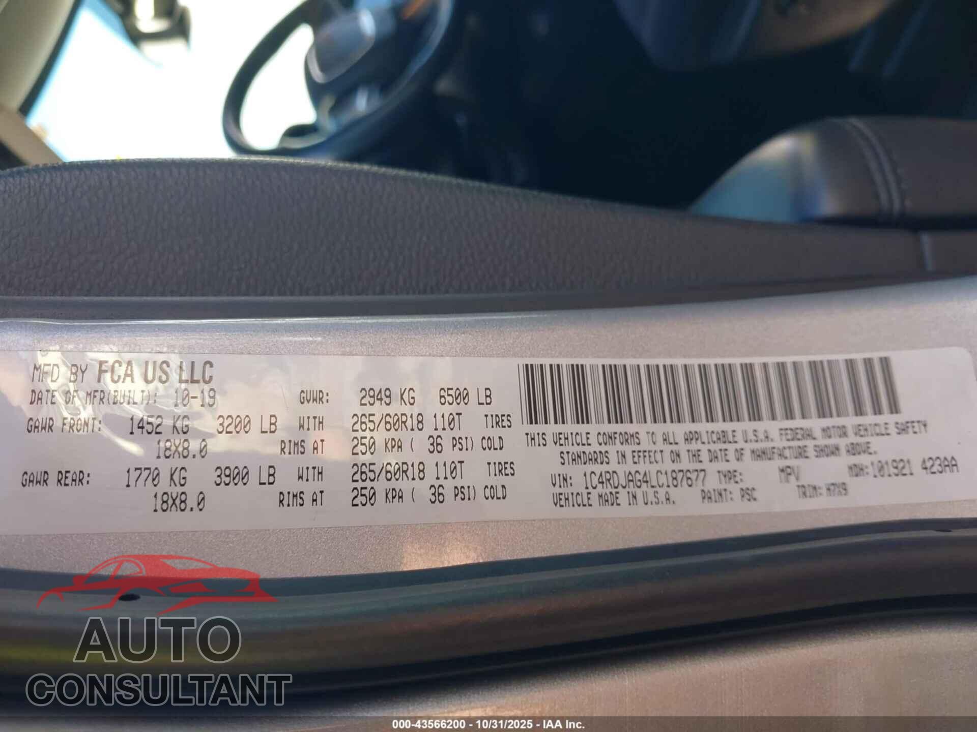 DODGE DURANGO 2020 - 1C4RDJAG4LC187677