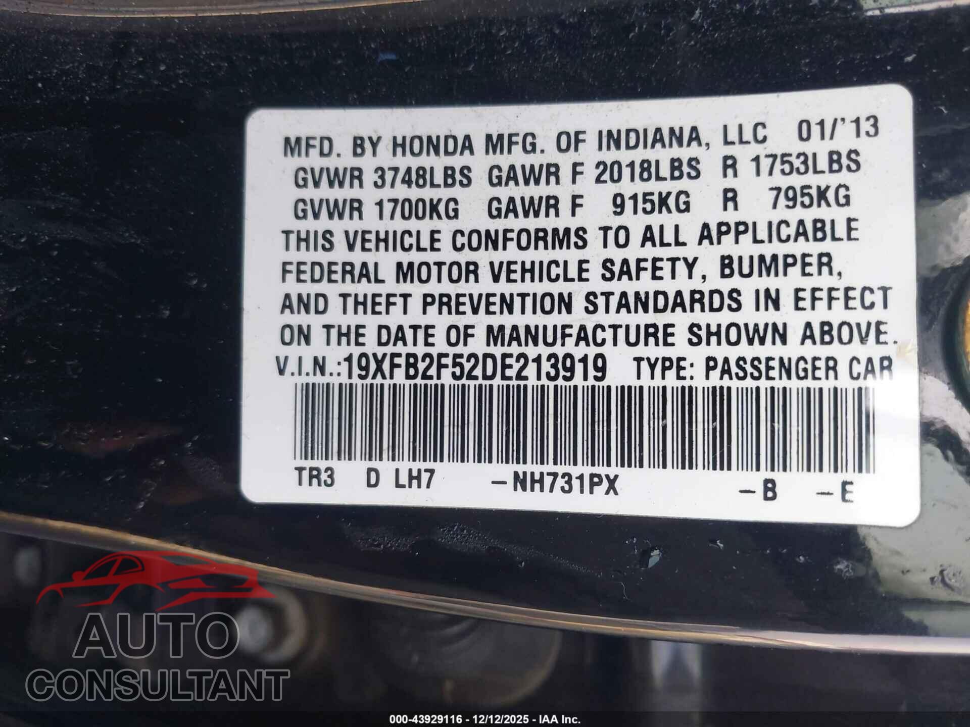 HONDA CIVIC 2013 - 19XFB2F52DE213919