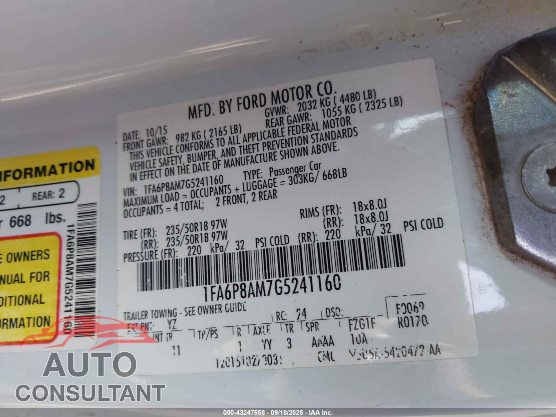 FORD MUSTANG 2016 - 1FA6P8AM7G5241160