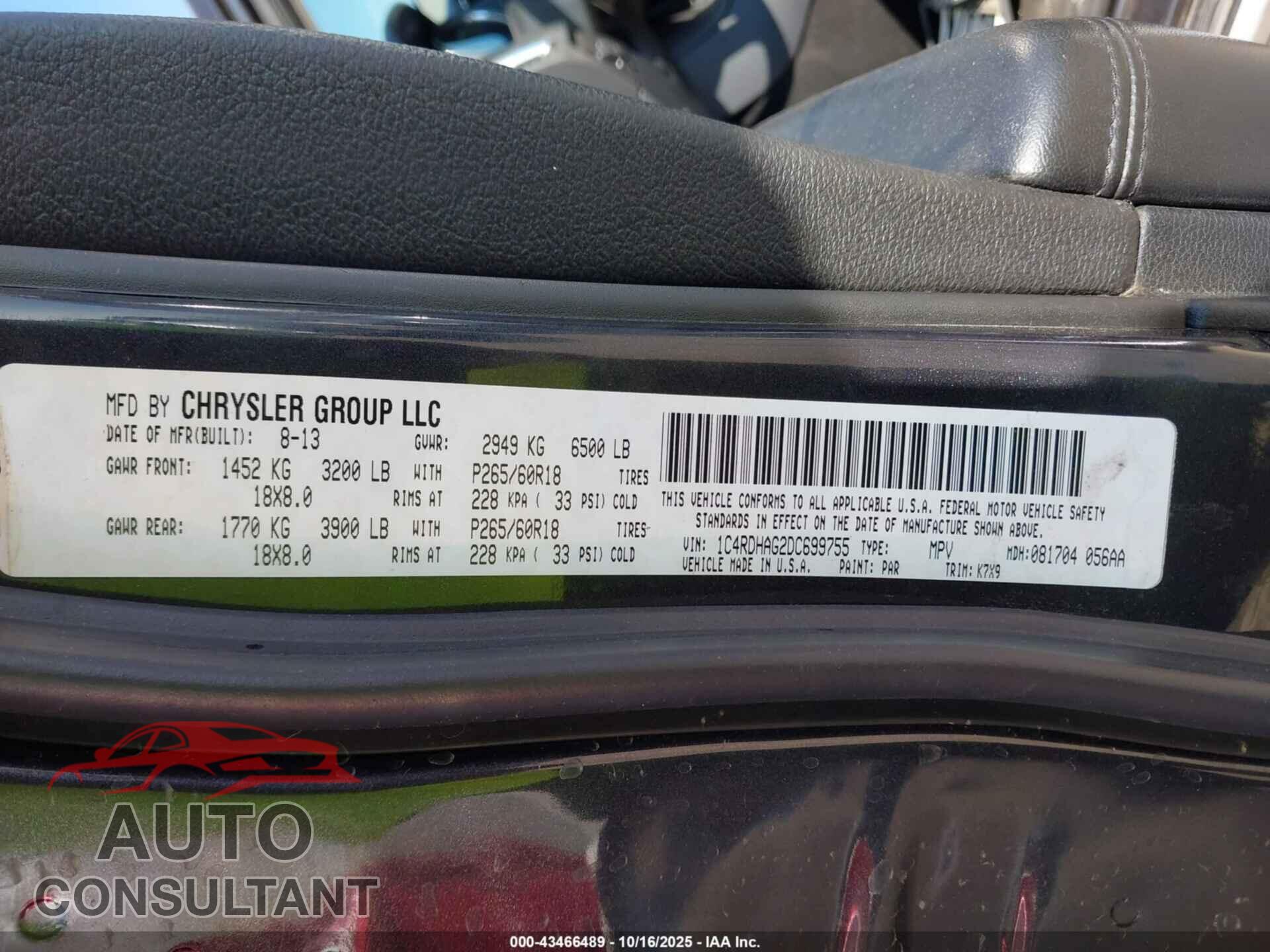 DODGE DURANGO 2013 - 1C4RDHAG2DC699755