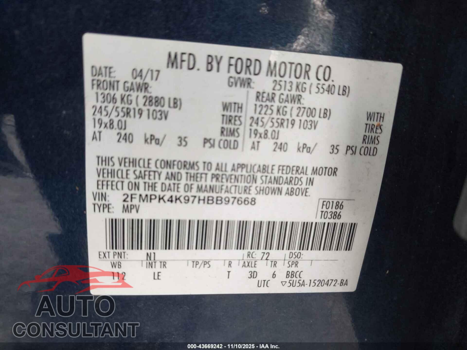 FORD EDGE 2017 - 2FMPK4K97HBB97668