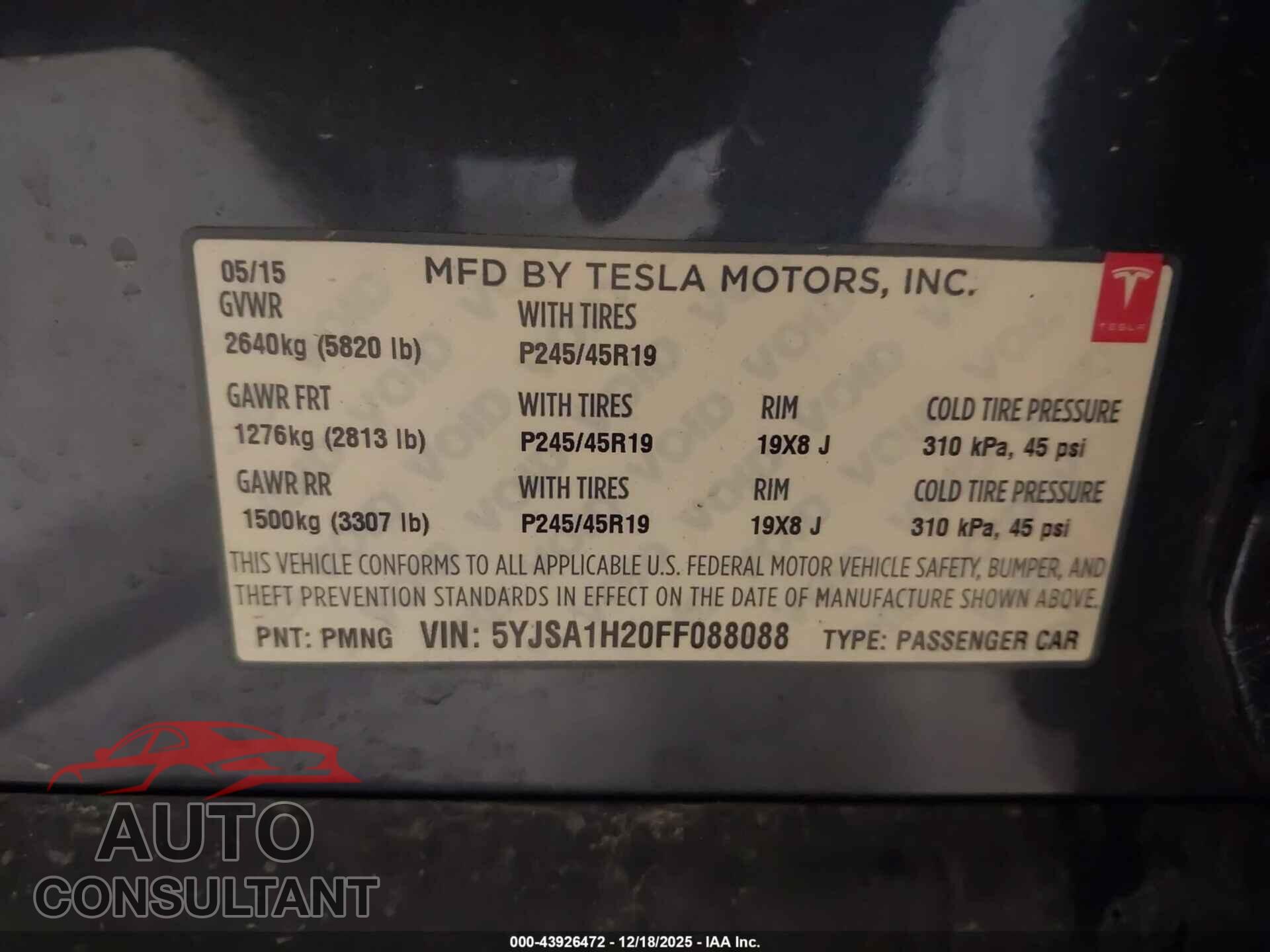 TESLA MODEL S 2015 - 5YJSA1H20FF088088