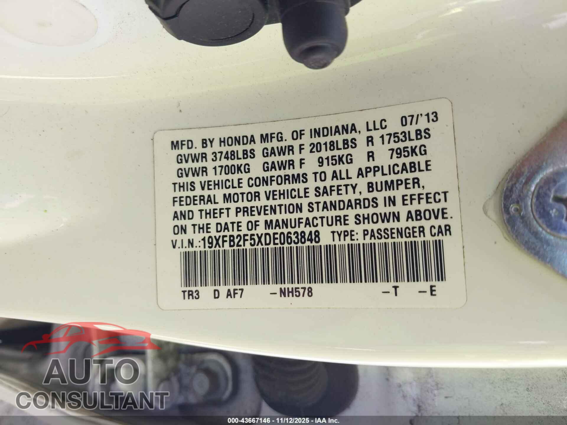 HONDA CIVIC 2013 - 19XFB2F5XDE063848