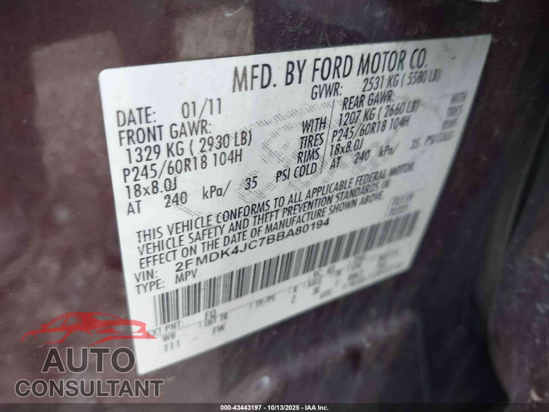 FORD EDGE 2011 - 2FMDK4JC7BBA80194