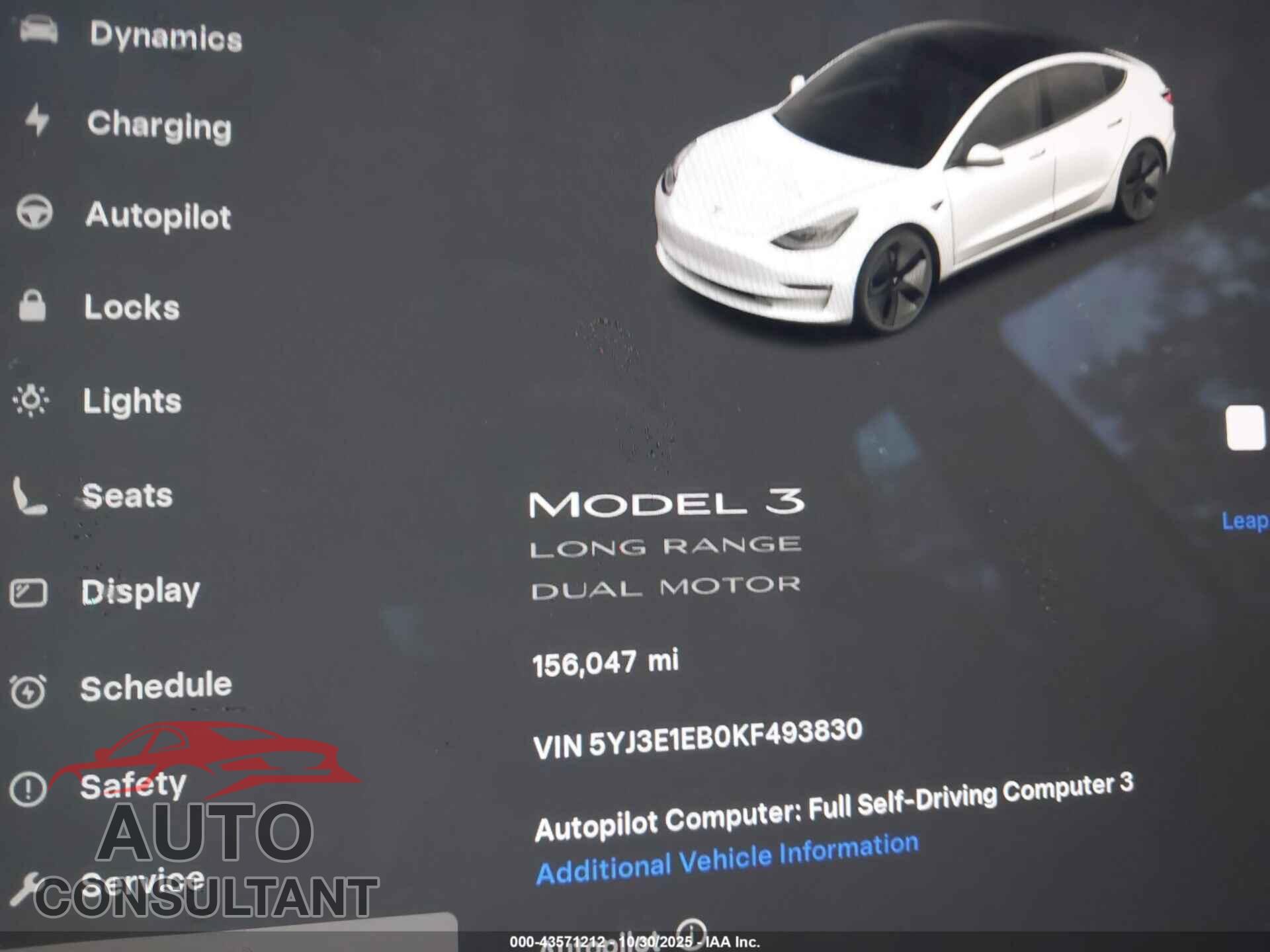 TESLA MODEL 3 2019 - 5YJ3E1EB0KF493830