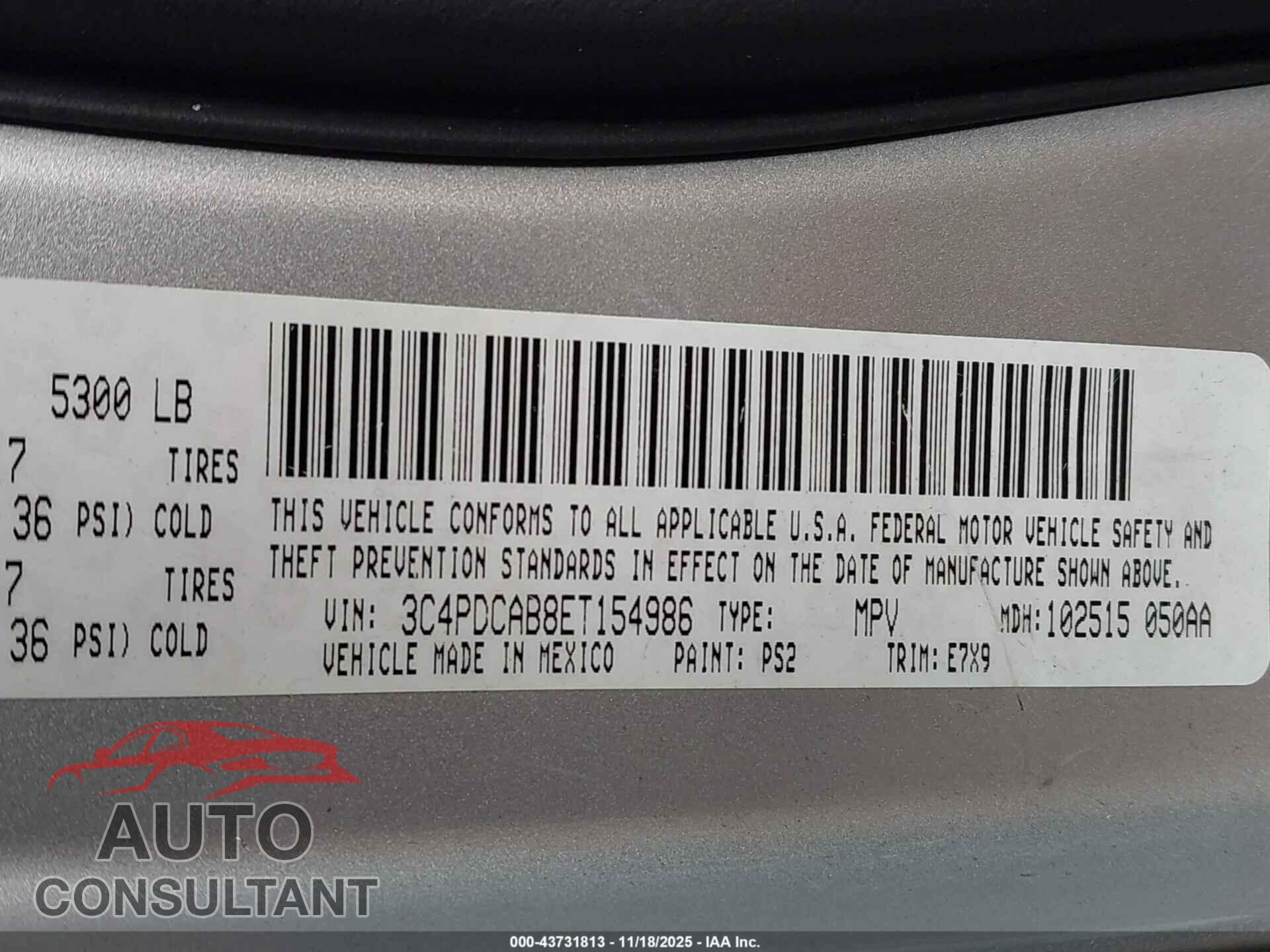 DODGE JOURNEY 2014 - 3C4PDCAB8ET154986