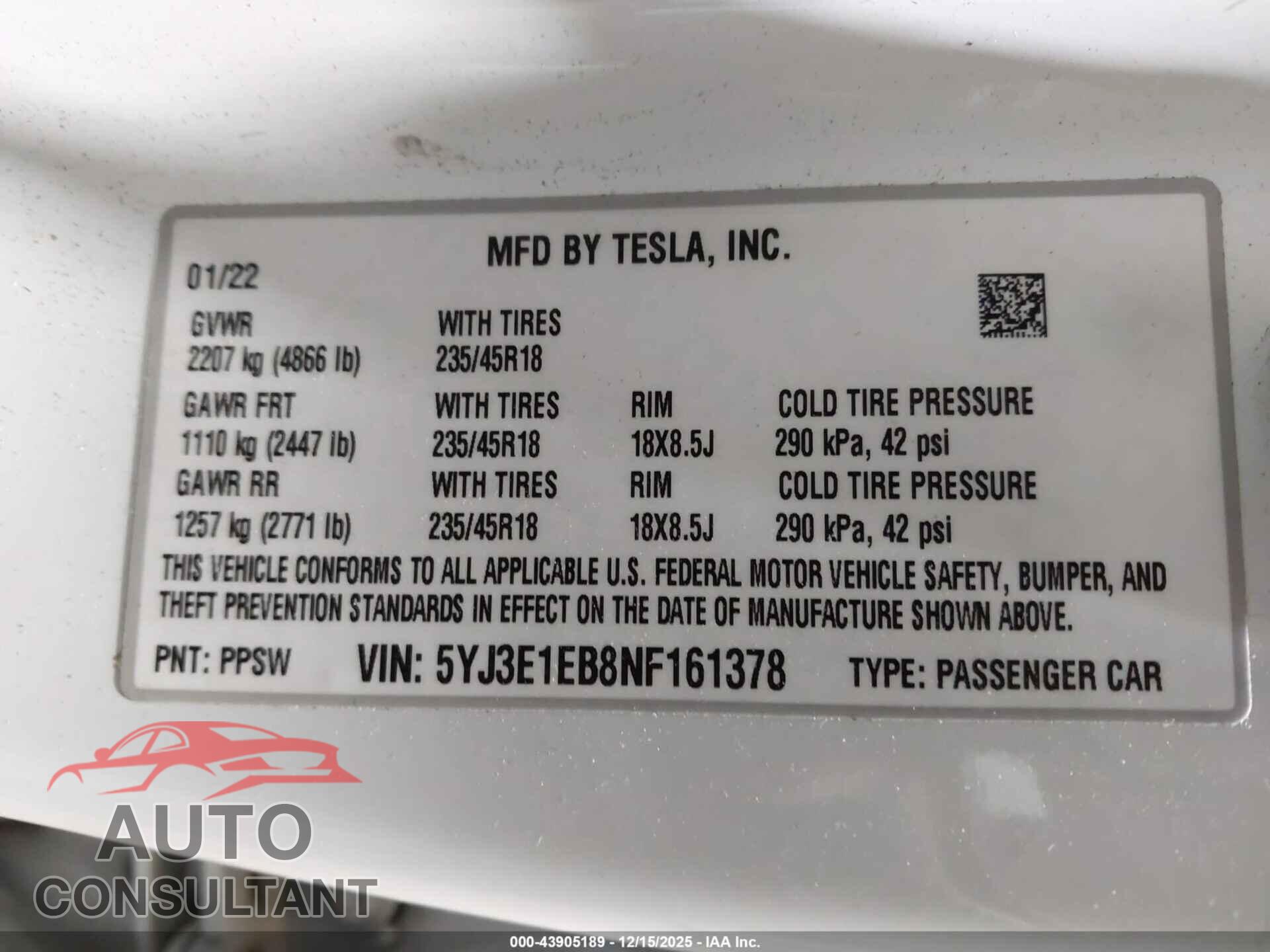 TESLA MODEL 3 2022 - 5YJ3E1EB8NF161378