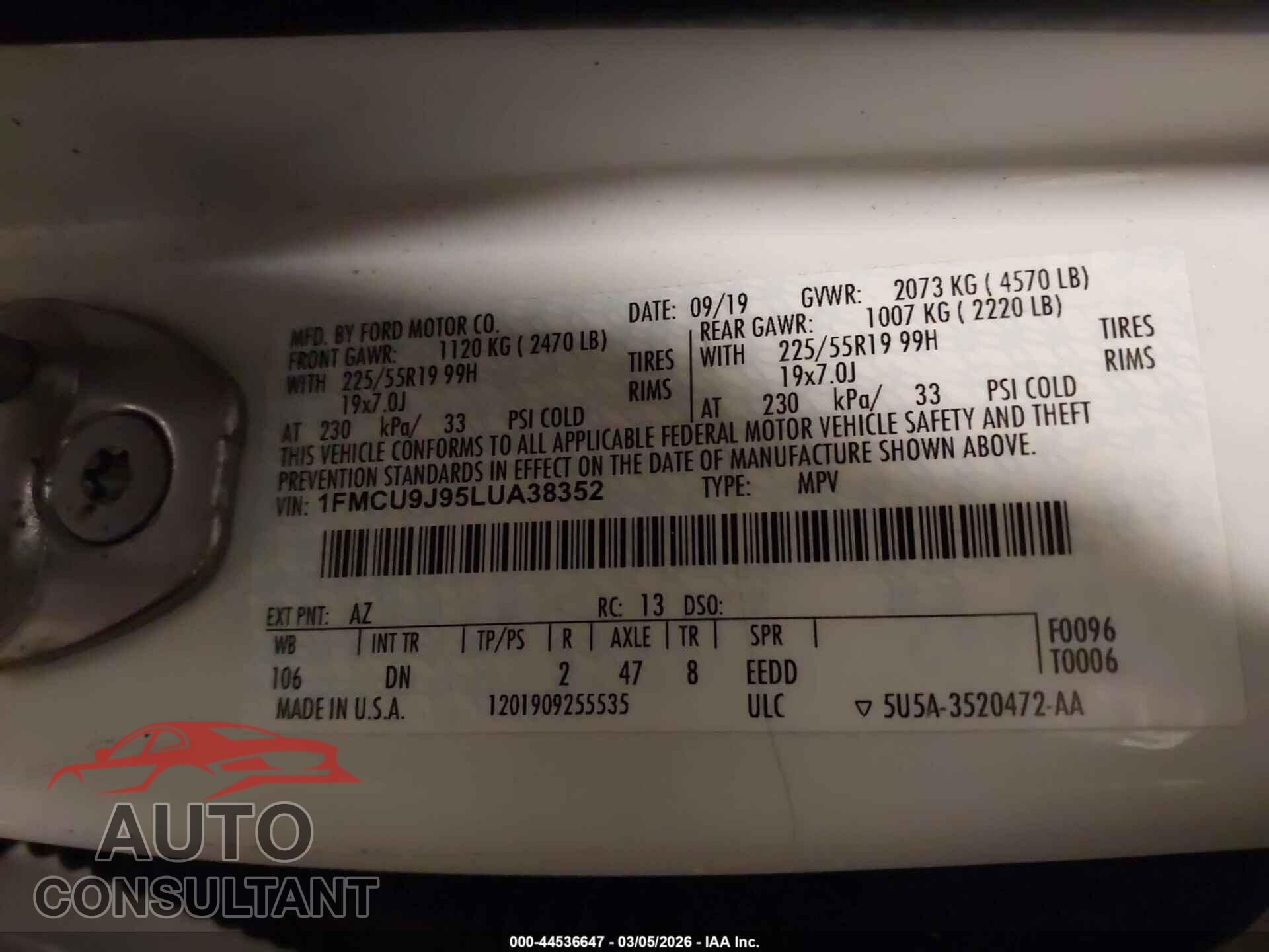 FORD ESCAPE 2020 - 1FMCU9J95LUA38352