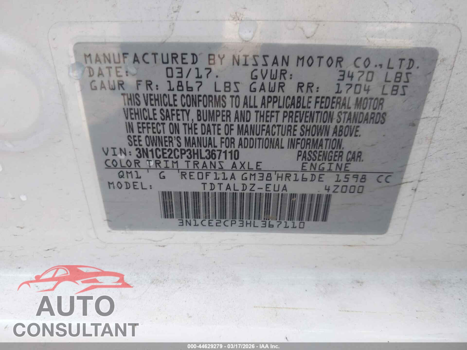 NISSAN VERSA NOTE 2017 - 3N1CE2CP3HL367110