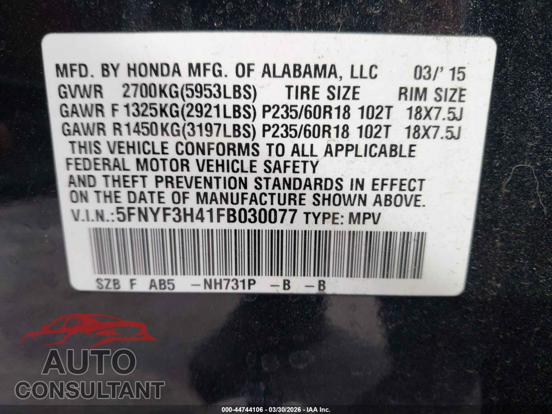 HONDA PILOT 2015 - 5FNYF3H41FB030077