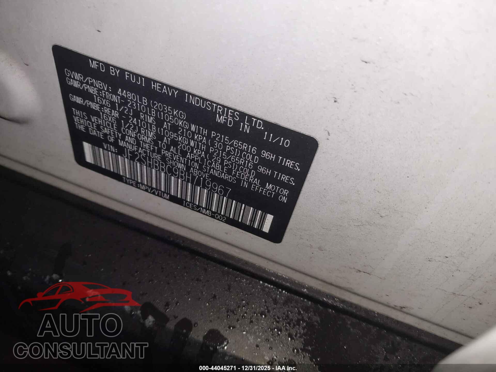 SUBARU FORESTER 2011 - JF2SHBBC9BH719967