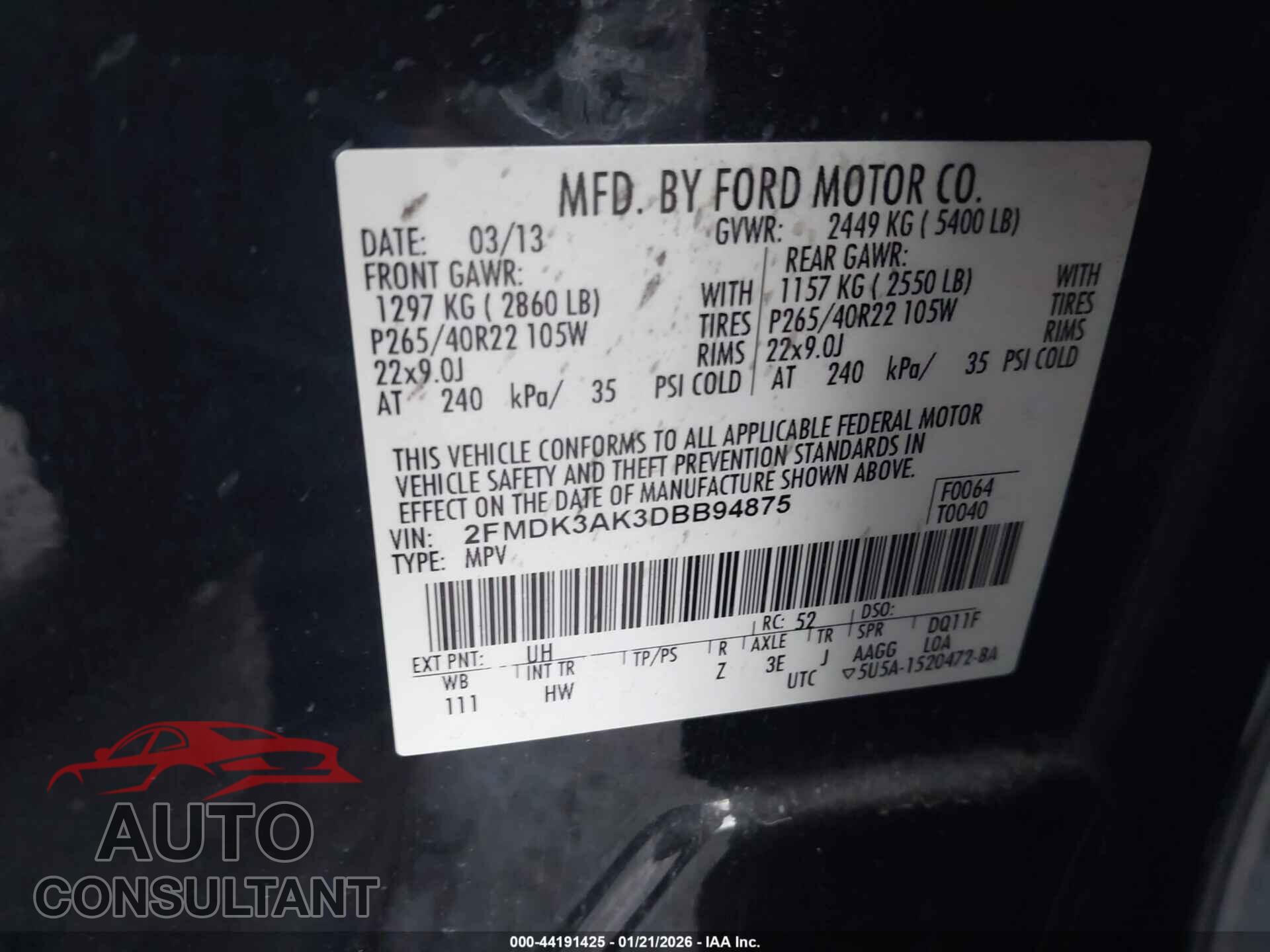 FORD EDGE 2013 - 2FMDK3AK3DBB94875