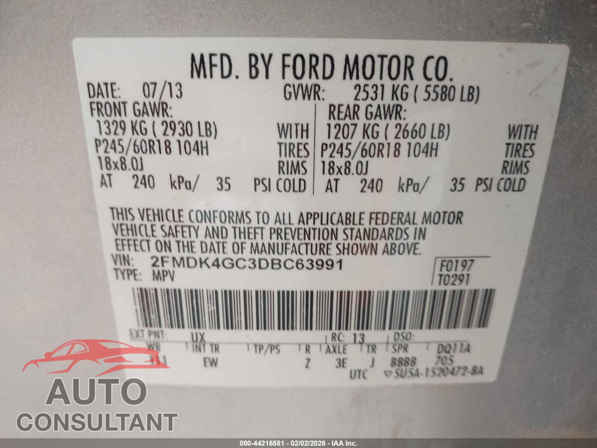 FORD EDGE 2013 - 2FMDK4GC3DBC63991
