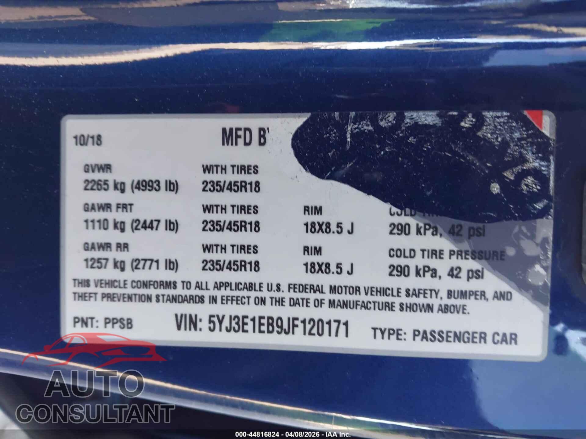 TESLA MODEL 3 2018 - 5YJ3E1EB9JF120171