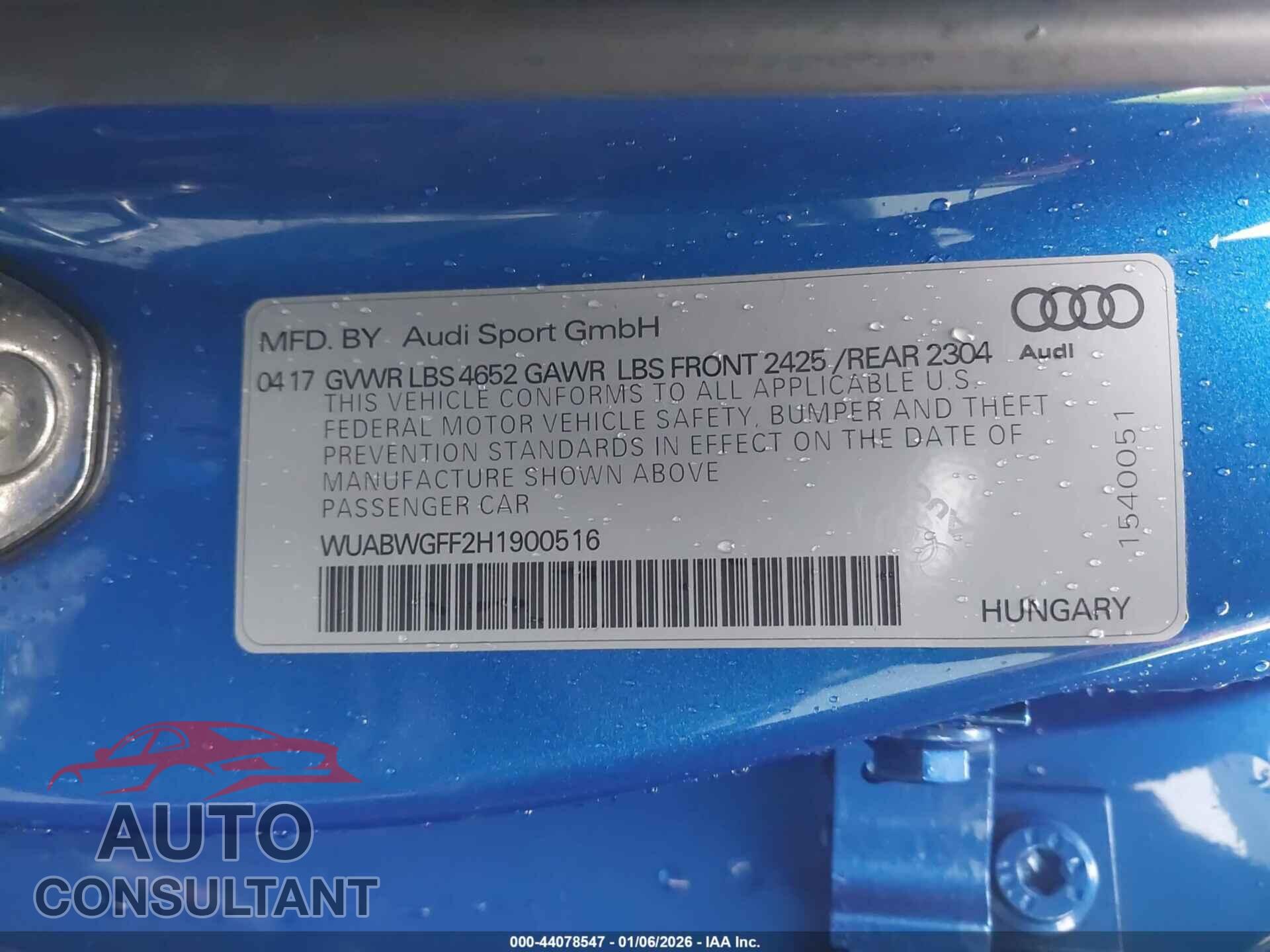 AUDI RS 3 2017 - WUABWGFF2H1900516